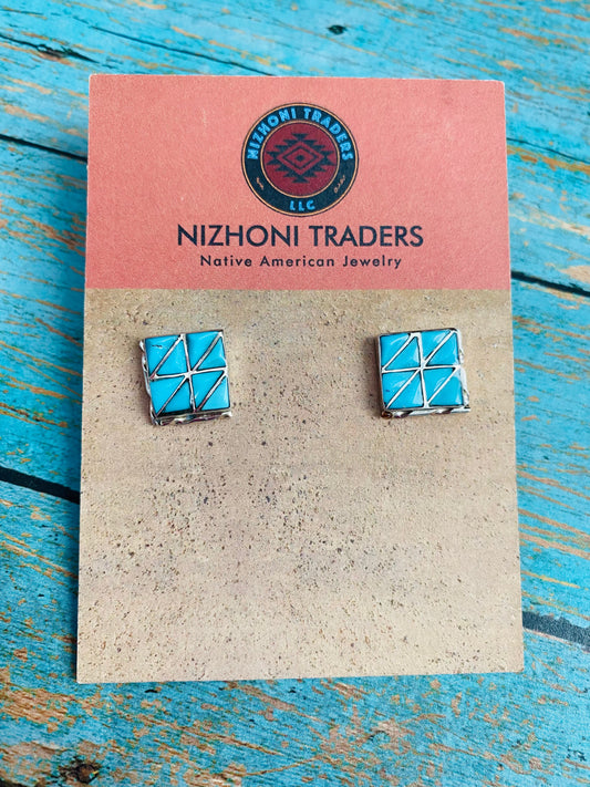 Zuni Sterling Silver & Turquoise Inlay Stud Earrings