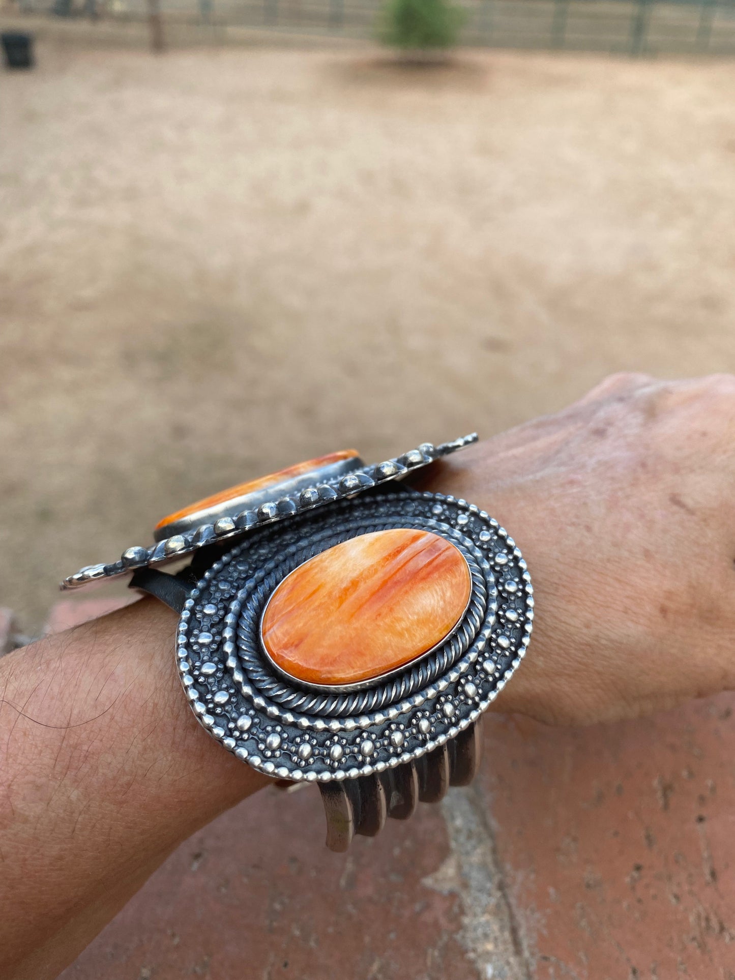 Beautiful Navajo Orange Spiny & Sterling Silver Cuff Bracelet Signed