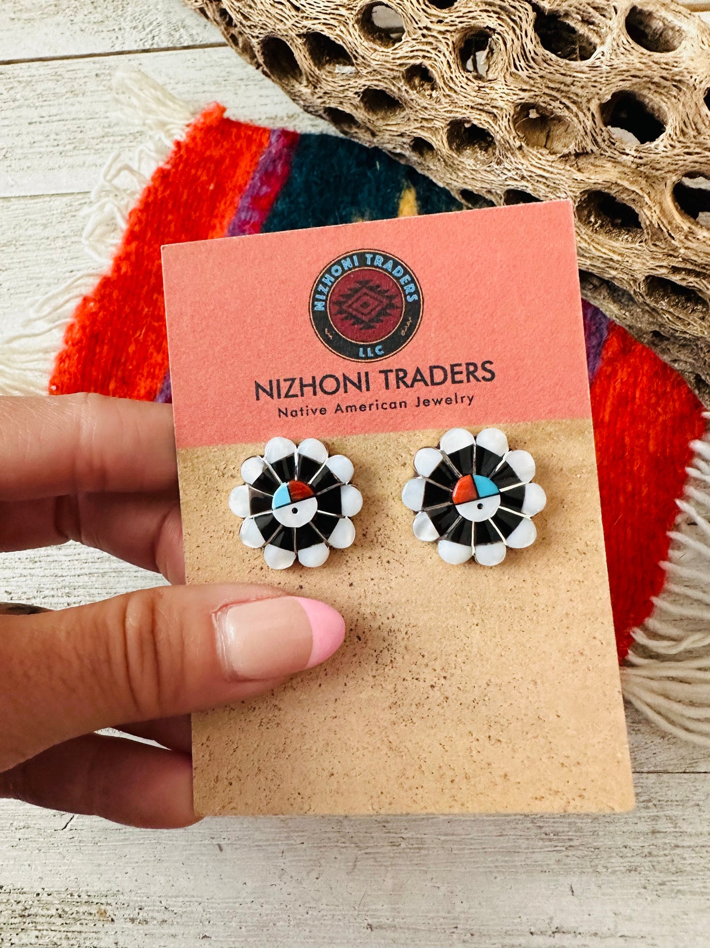 Zuni Sun Face Multi Stone & Sterling Silver Inlay Stud Earrings