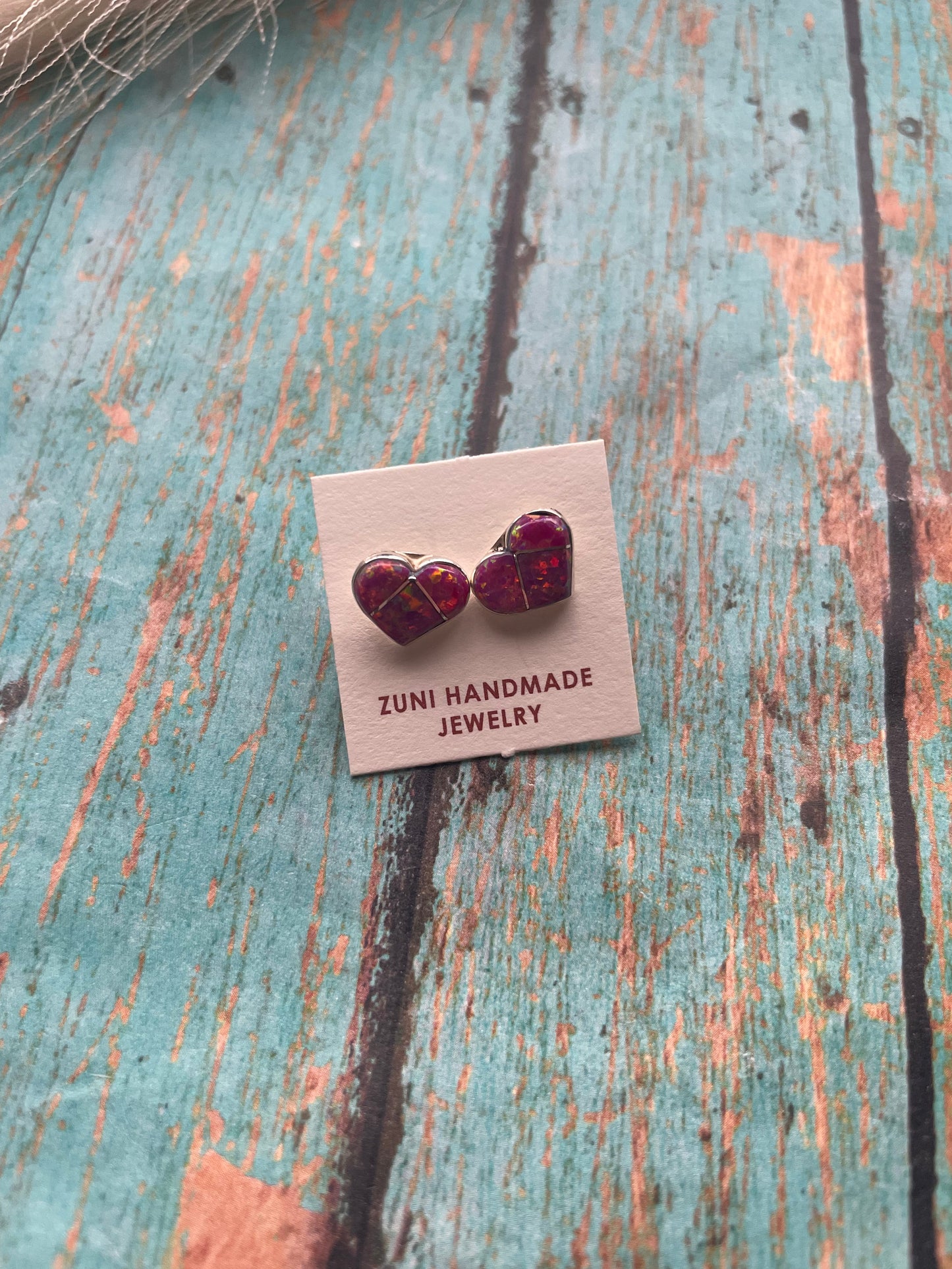 Zuni Sterling Silver & Pink Opal Inlay Heart Stud Earrings