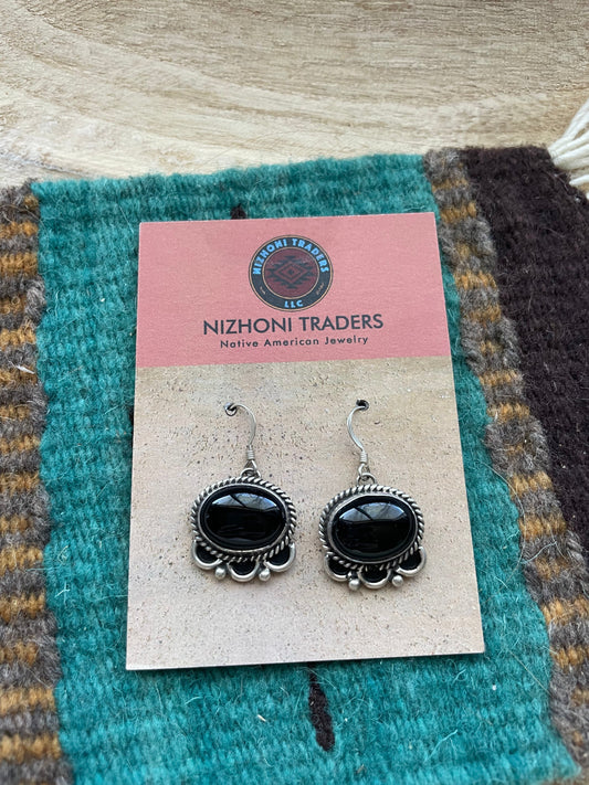 Beautiful Navajo Sterling Silver & Black Onyx Dangle Earrings Signed