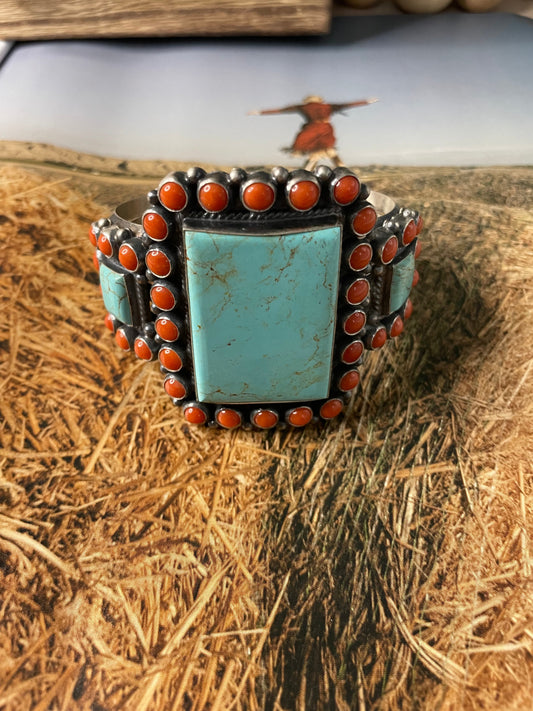 Anthony Skeets Navajo Turquoise, Coral & Sterling Silver Cuff Bracelet Signed