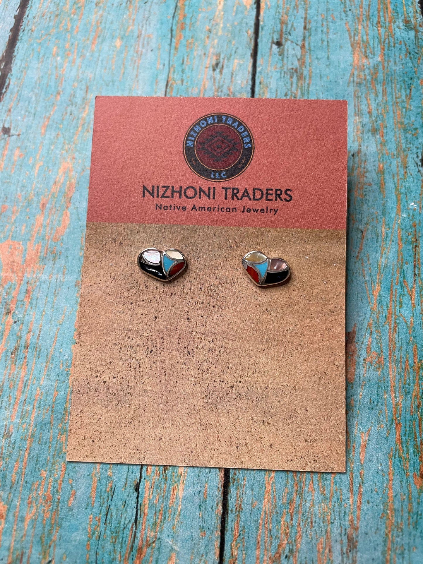 Zuni Sterling Silver & Multi Stone Inlay Stud Heart Earrings