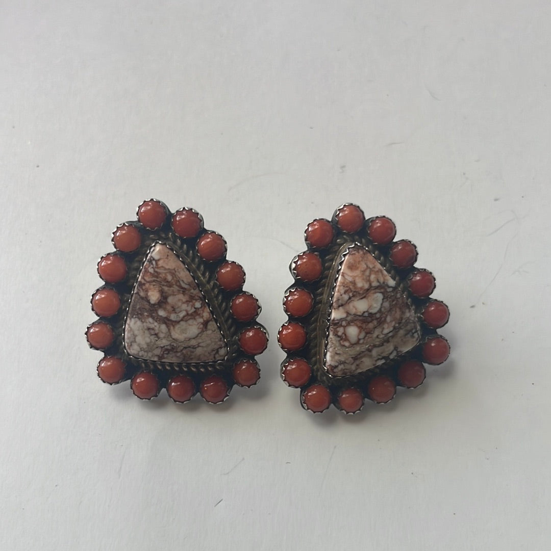 Beautiful Navajo Sterling Silver & Coral Post Earrings Signed