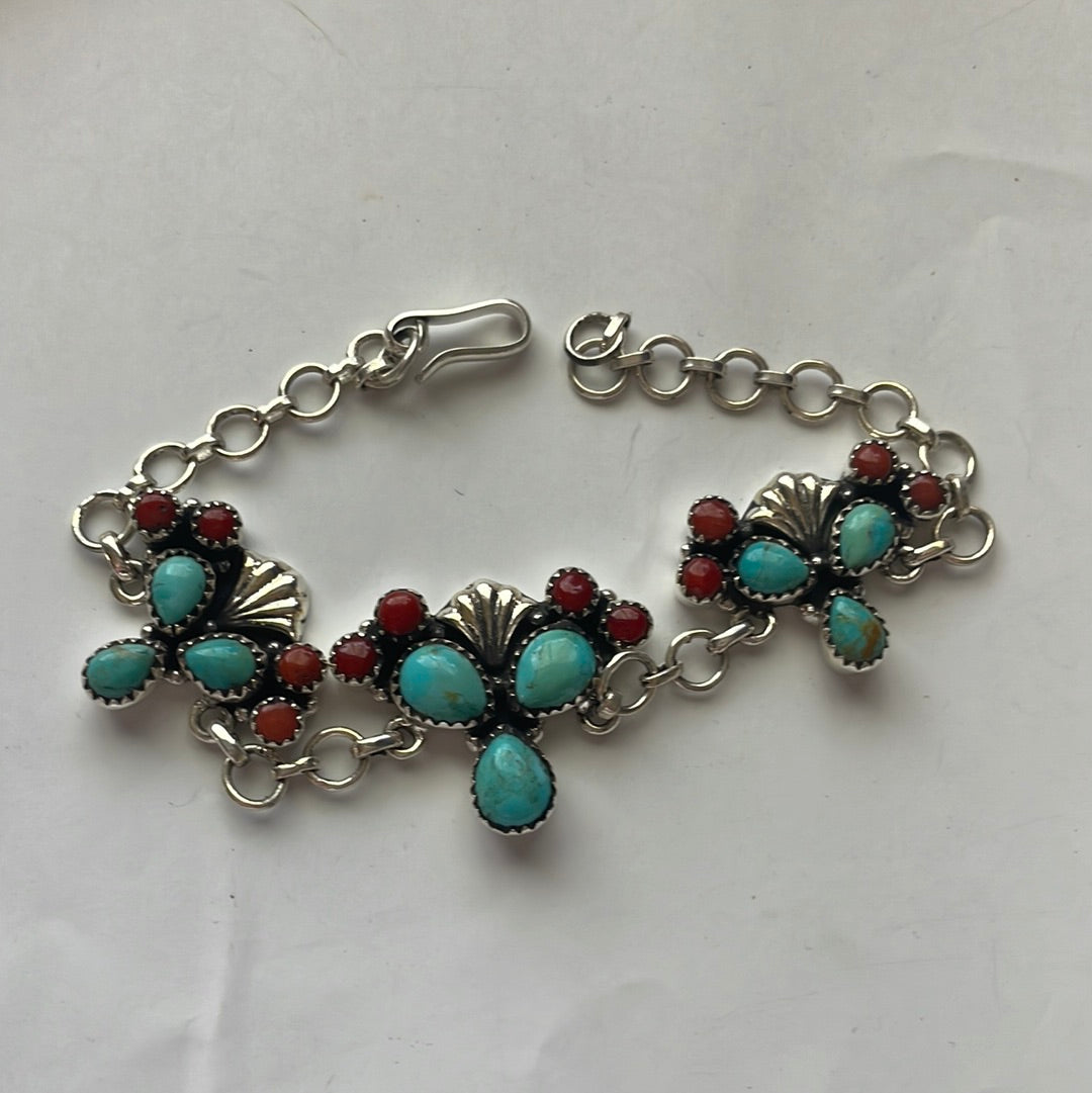 “The Prickly Bracelet” Handmade Sterling Silver, Turquoise & Coral Cactus Bracelet