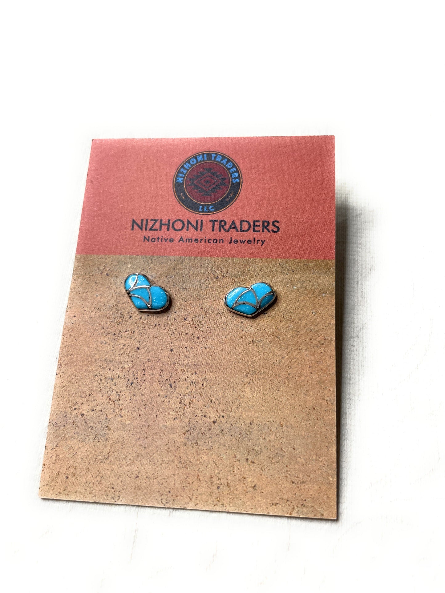 Zuni Sterling Silver & Turquoise Inlay Stud Heart Earrings