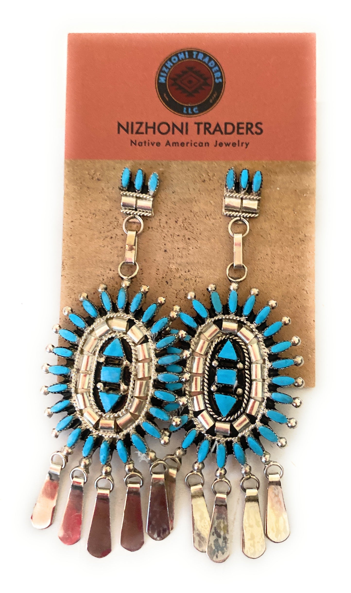 Zuni Sterling Silver & Turquoise Cluster Dangle Earrings