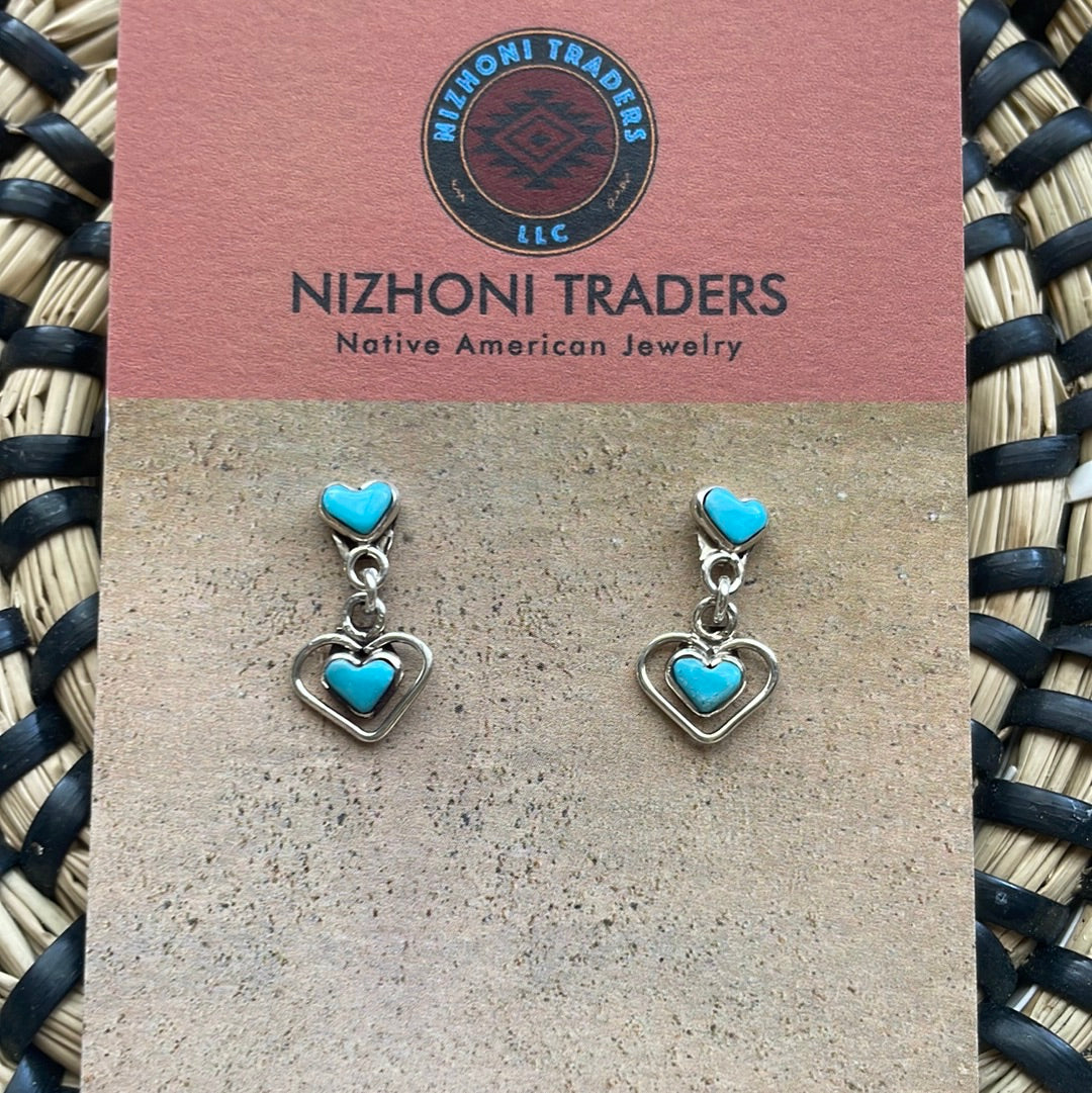 Zuni Sterling Silver & Turquoise Dangle Heart Earrings