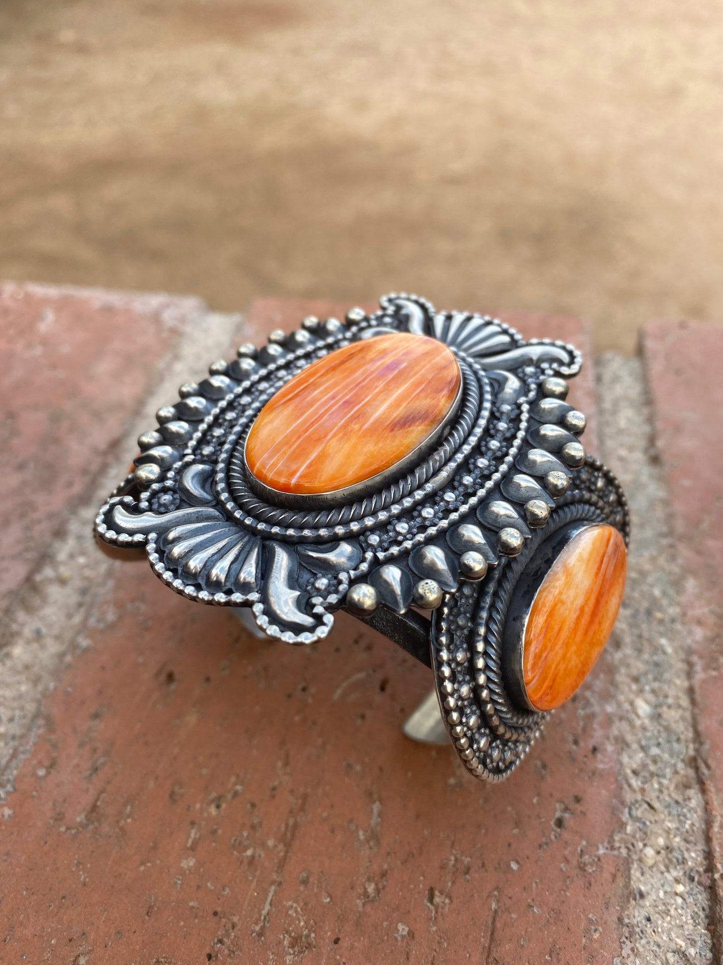 Beautiful Navajo Orange Spiny & Sterling Silver Cuff Bracelet Signed