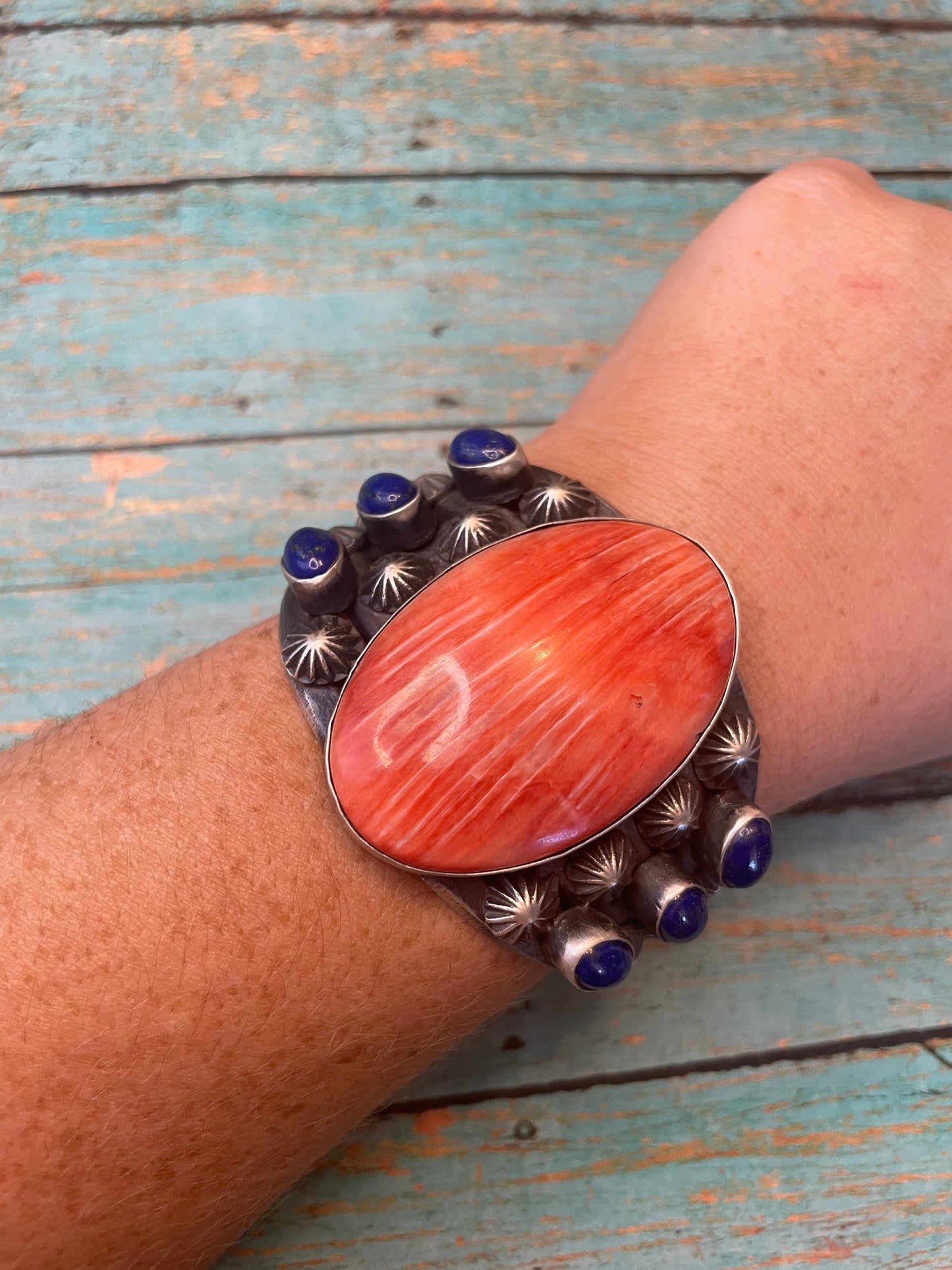 Chimney Butte Navajo Orange Spiny And Lapis Sterling Silver Cuff Bracelet Signed