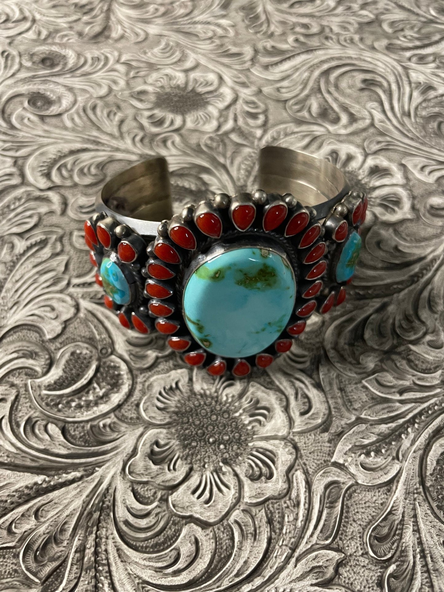 Anthony Skeets Navajo Turquoise, Coral & Sterling Silver Cuff Bracelet Signed