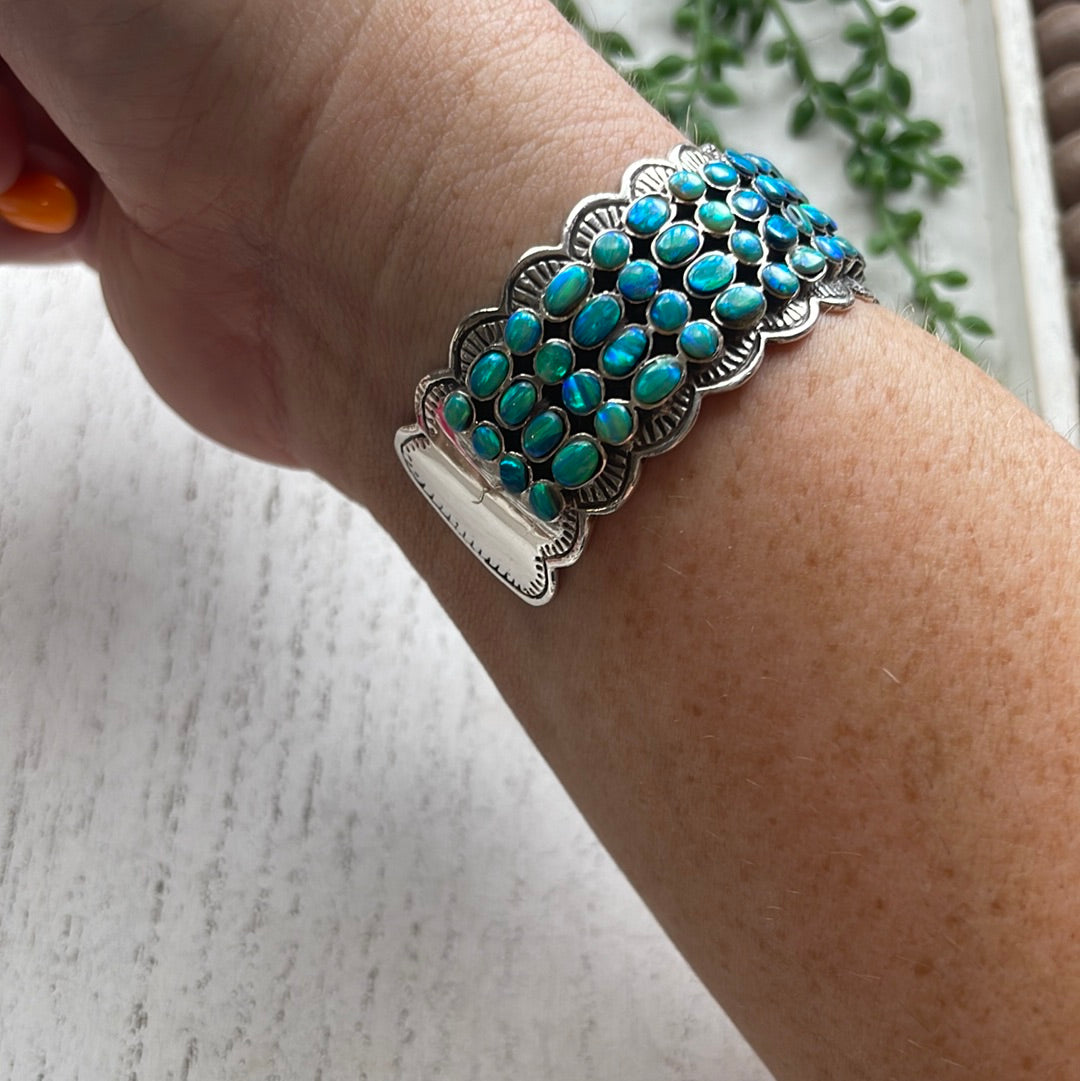 “The 4 Row Cuff” Sterling Silver Blue Fire Opal Cuff Bracelet