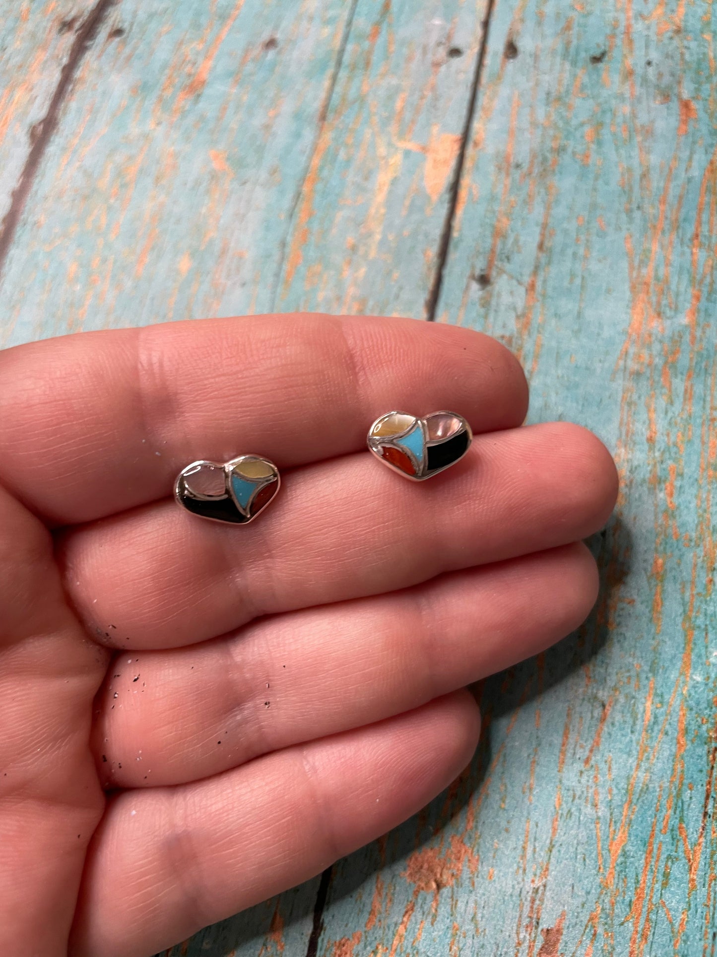 Zuni Sterling Silver & Multi Stone Inlay Stud Heart Earrings