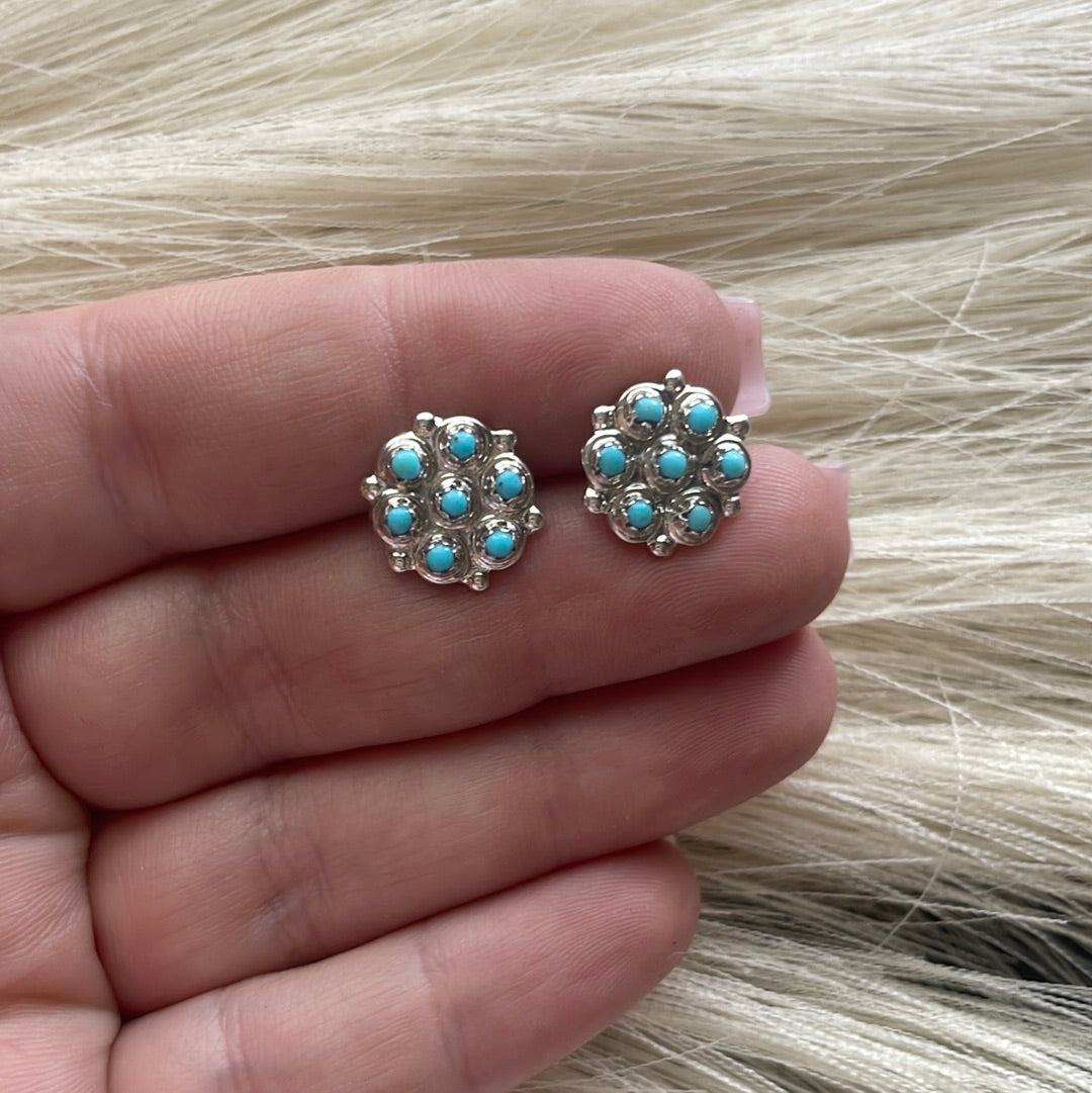 Zuni Sterling Silver & Turquoise 6 Stone Cluster Stud Earrings