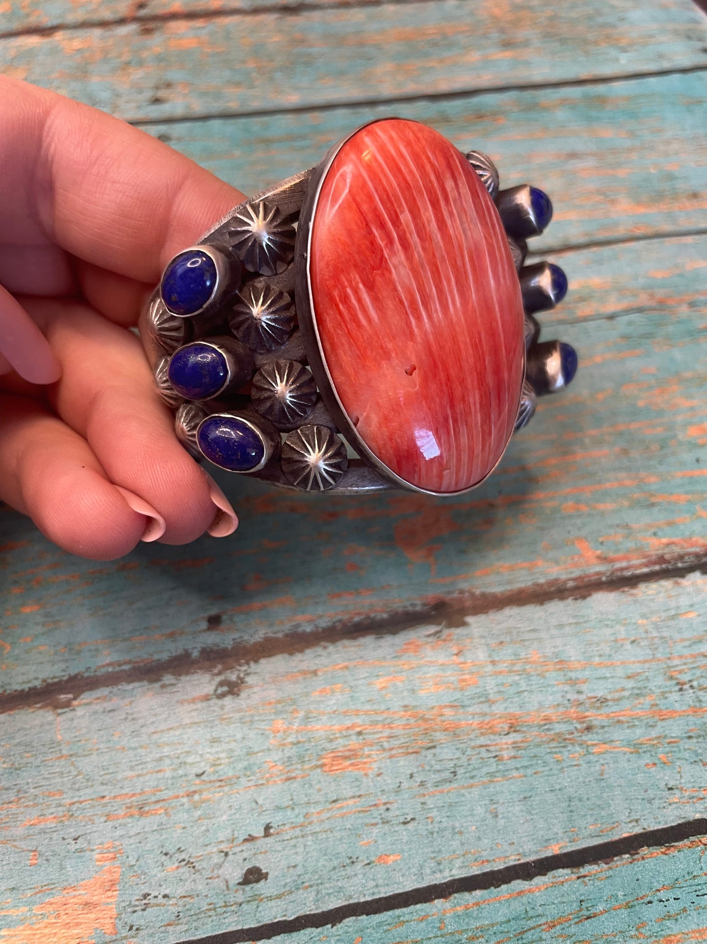 Chimney Butte Navajo Orange Spiny And Lapis Sterling Silver Cuff Bracelet Signed