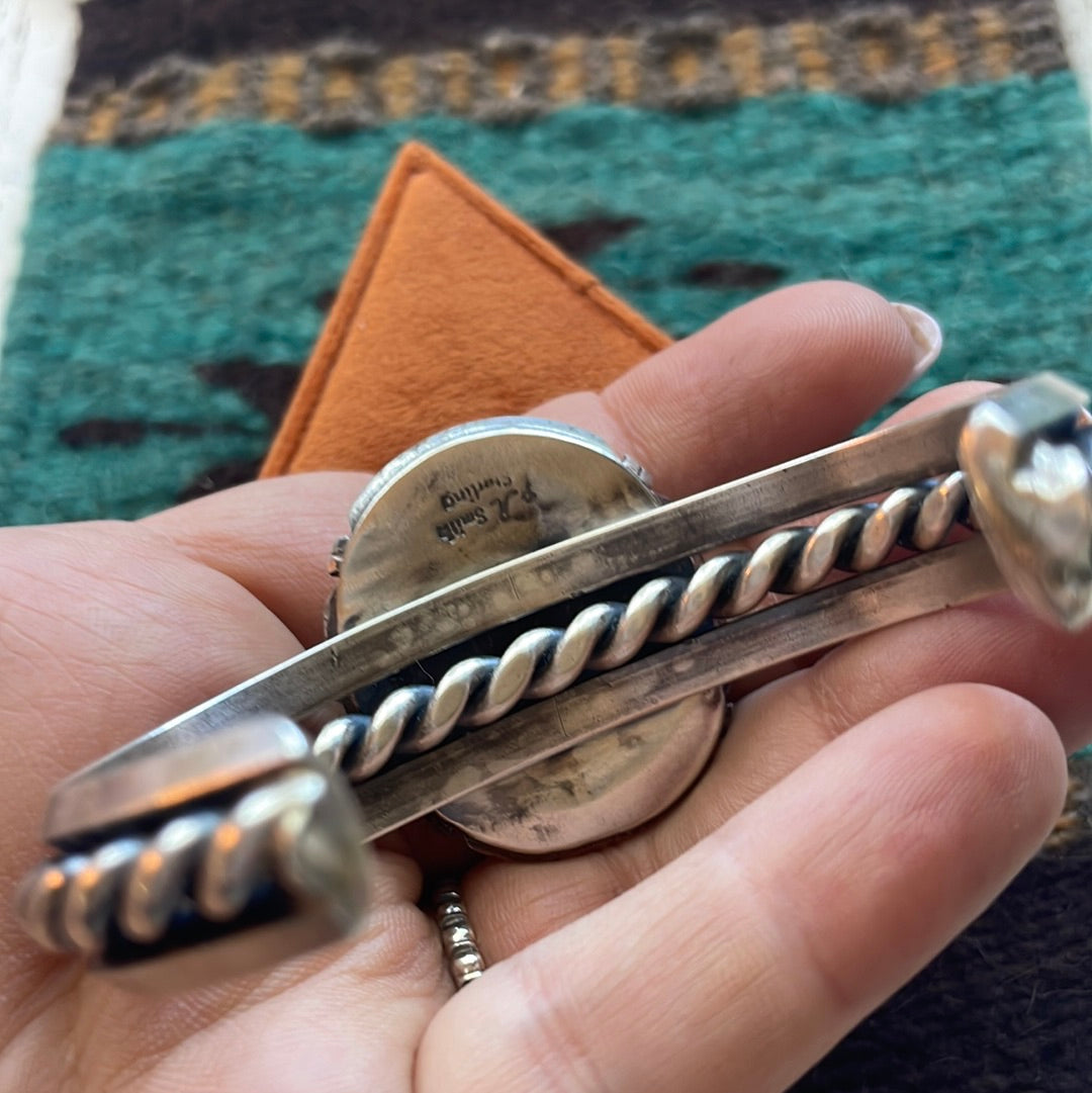 Beautiful Navajo White Buffalo & Sterling Silver Cuff Bracelet Signed