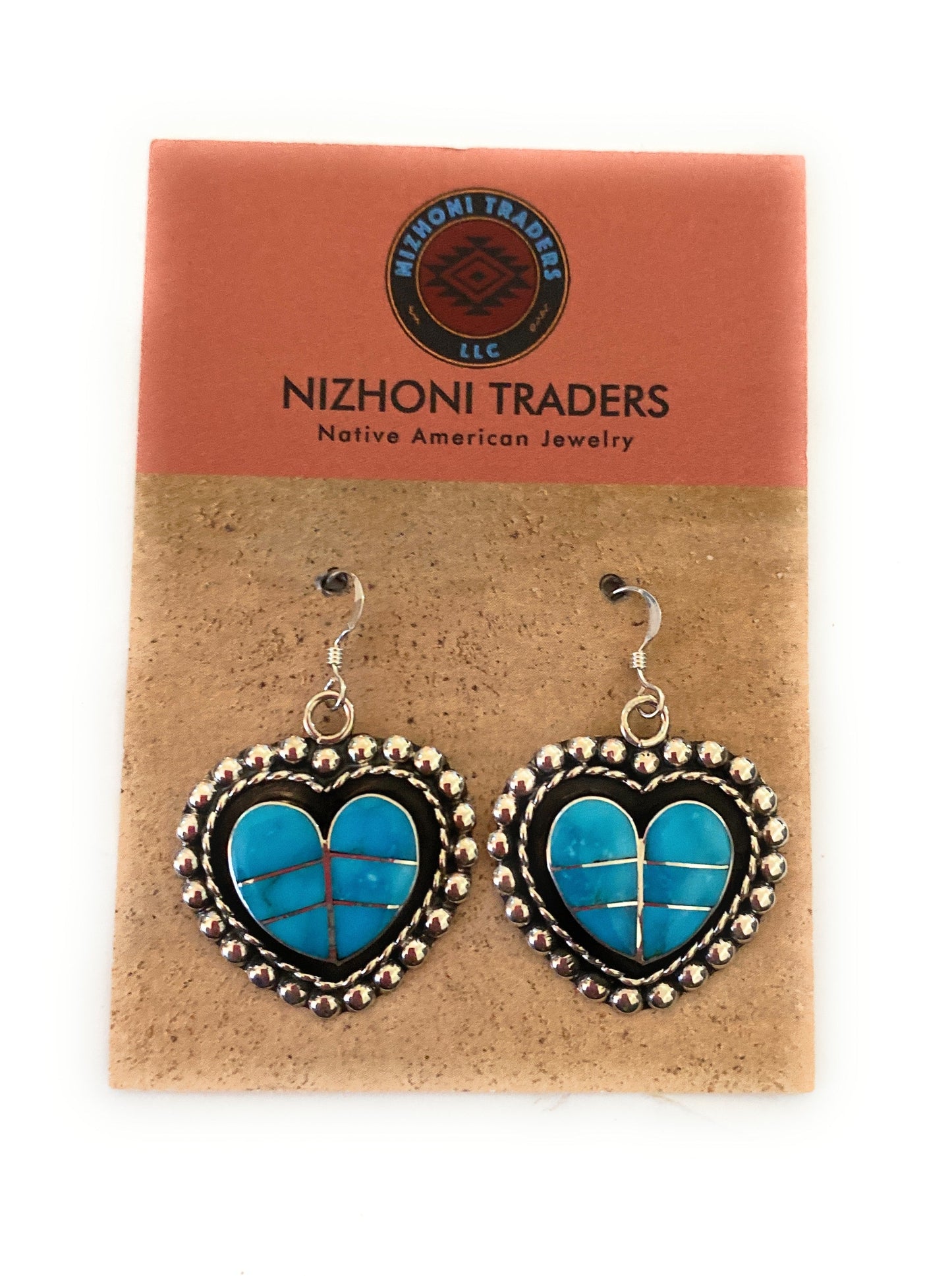 Zuni Sterling Silver & Turquoise Inlay Heart Dangle Earrings