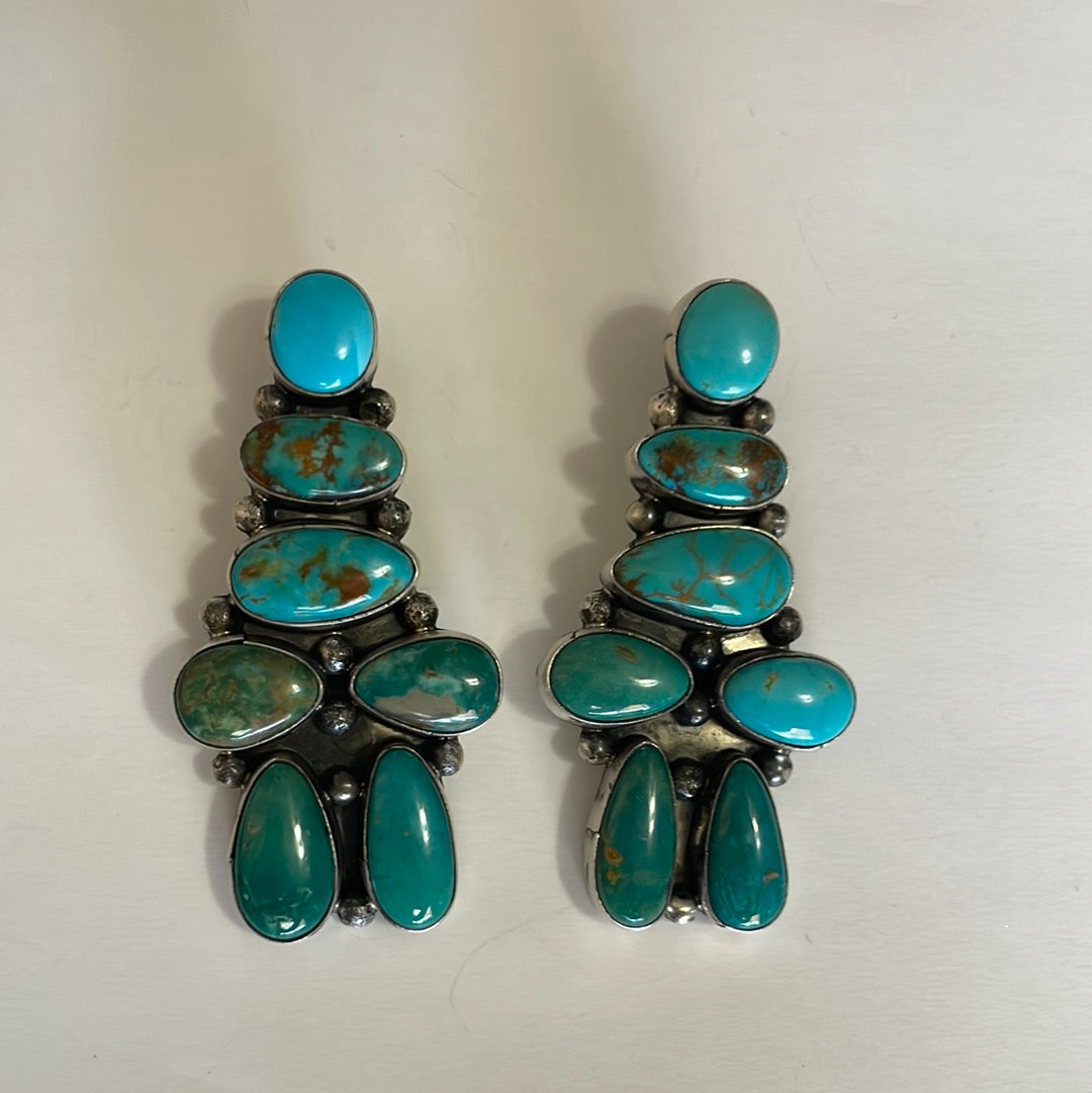 “The Skye” Navajo Sterling Silver & Turquoise Cluster Earrings Signed Sheila