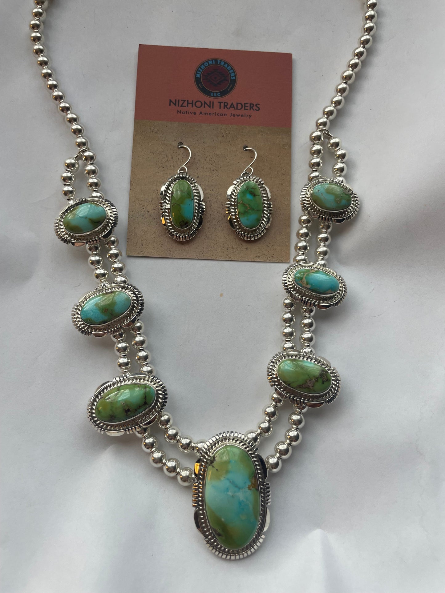 Beautiful Navajo Sterling Silver Sonoran Mountain Turquoise Necklace & Earring Set