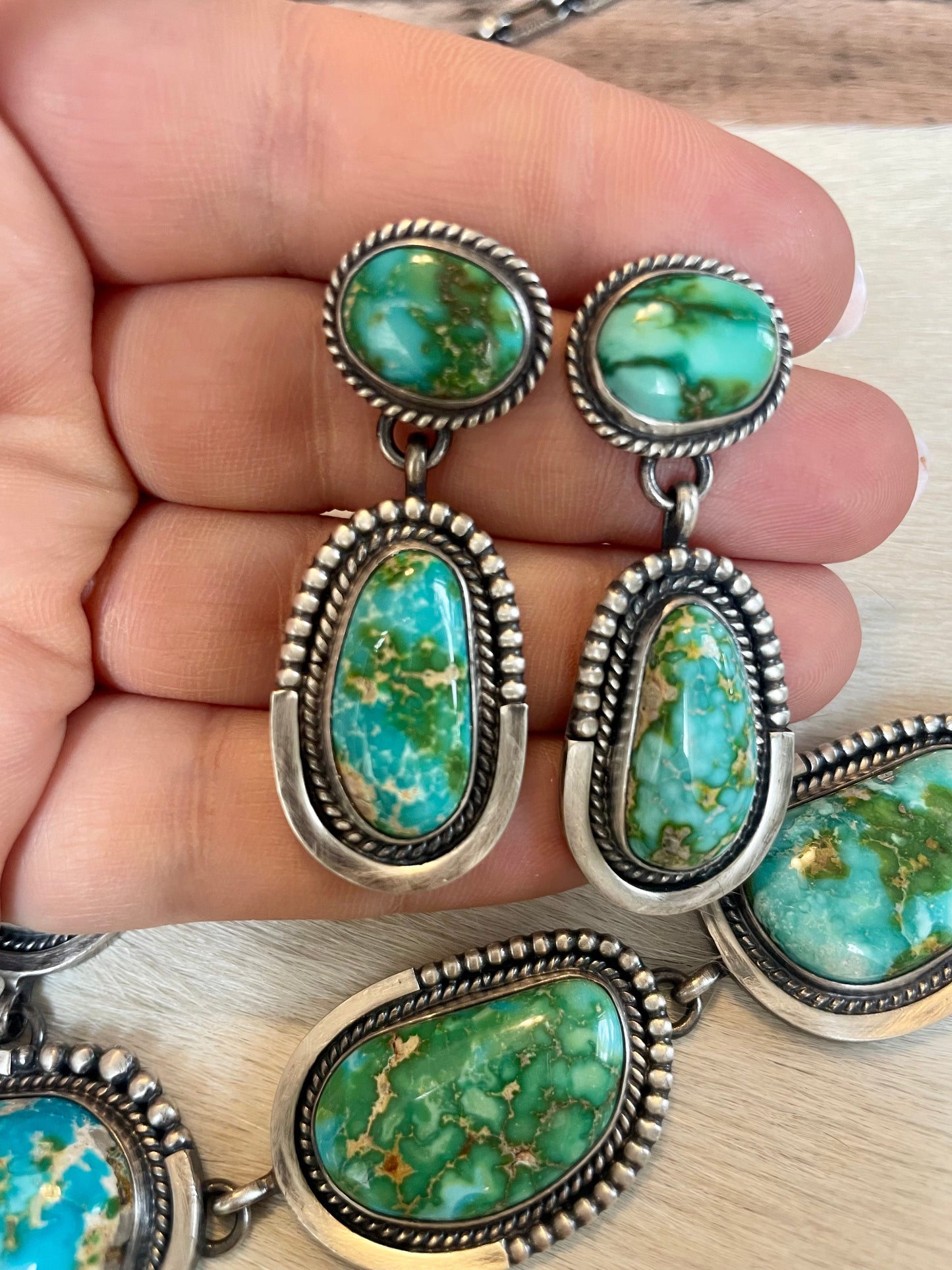 Beautiful Navajo Sterling Silver Sonoran Mountain Turquoise Necklace & Earring Set