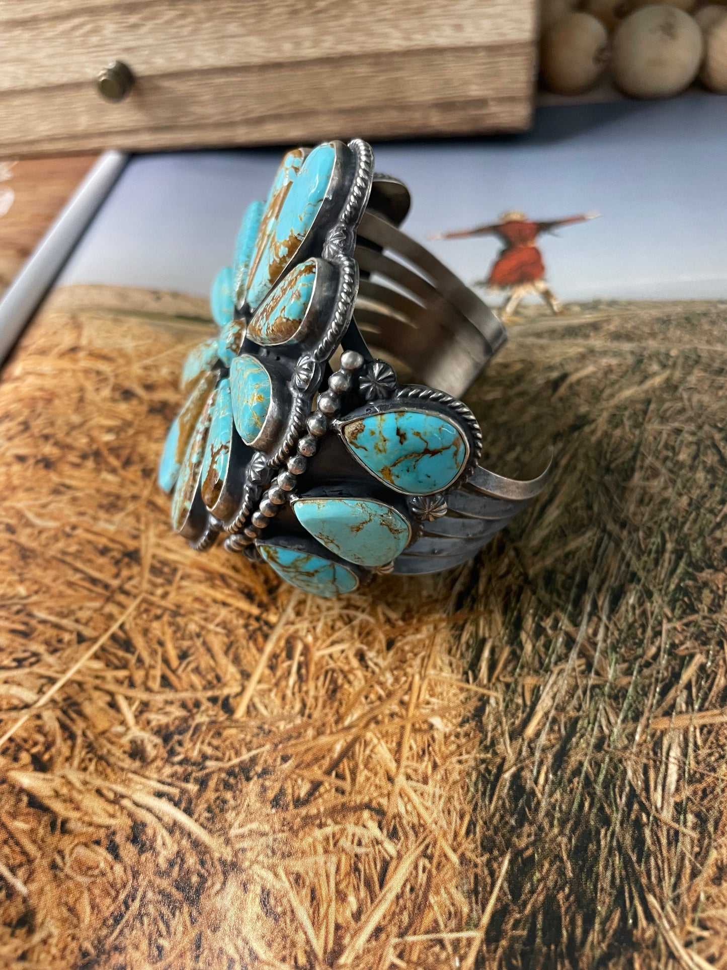 Anthony Skeets Navajo Flower Turquoise & Sterling Silver Cuff Bracelet Signed