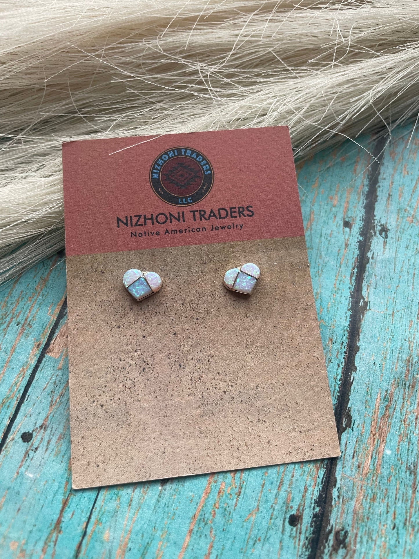 Zuni Sterling Silver & Opal Inlay Heart Stud Earrings