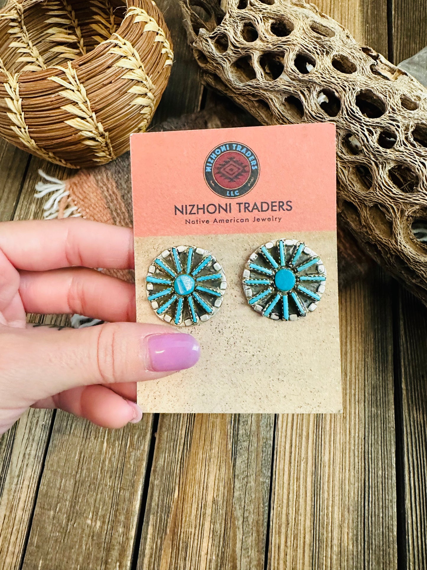 Zuni Sterling Silver & Turquoise Needlepoint Cluster Earrings