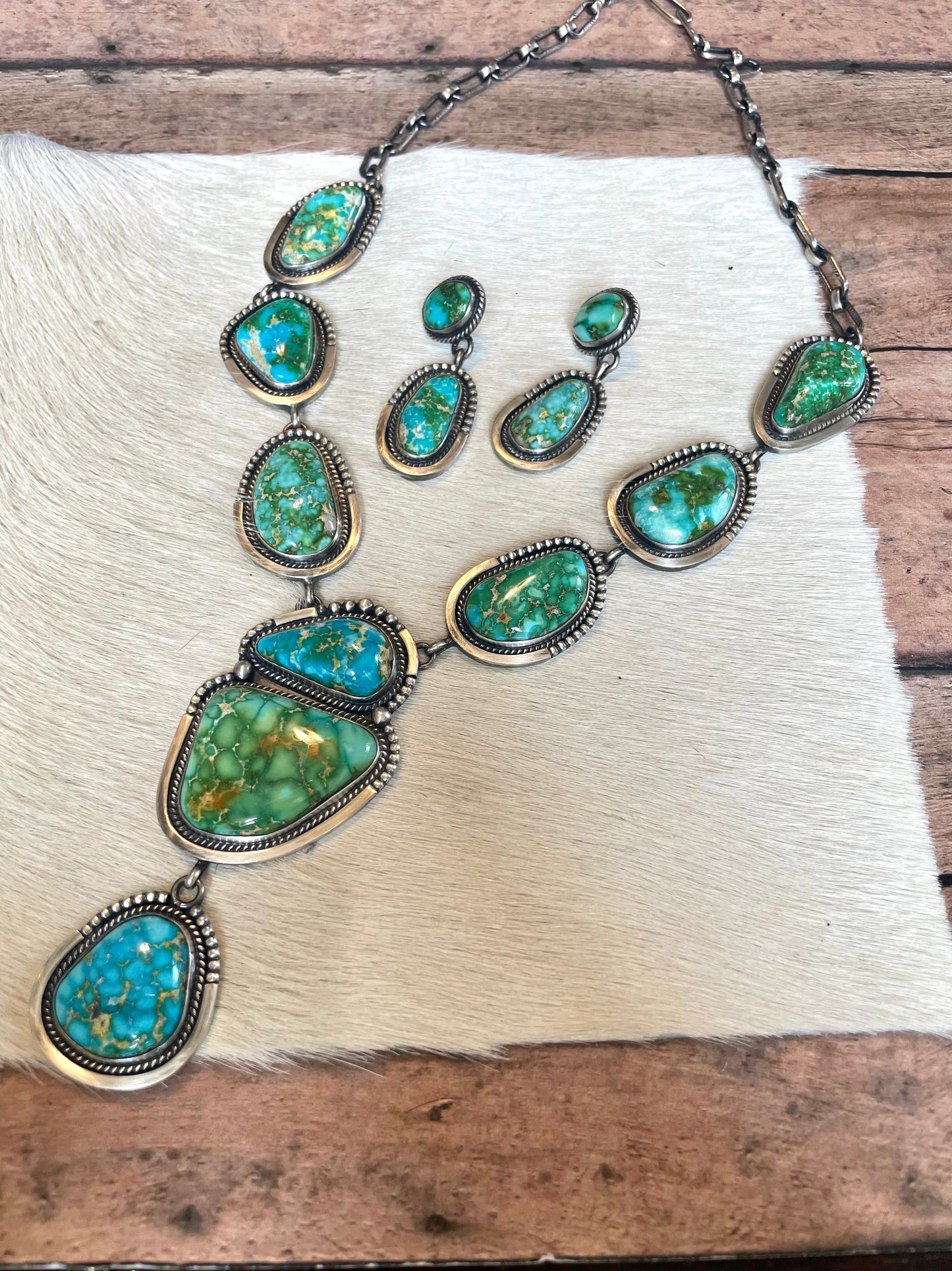 Beautiful Navajo Sterling Silver Sonoran Mountain Turquoise Necklace & Earring Set