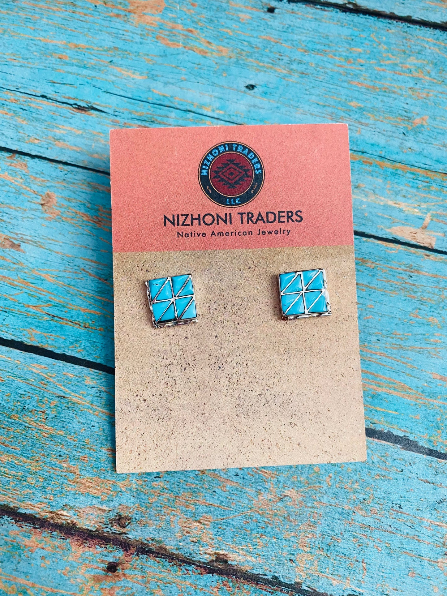 Zuni Sterling Silver & Turquoise Inlay Stud Earrings