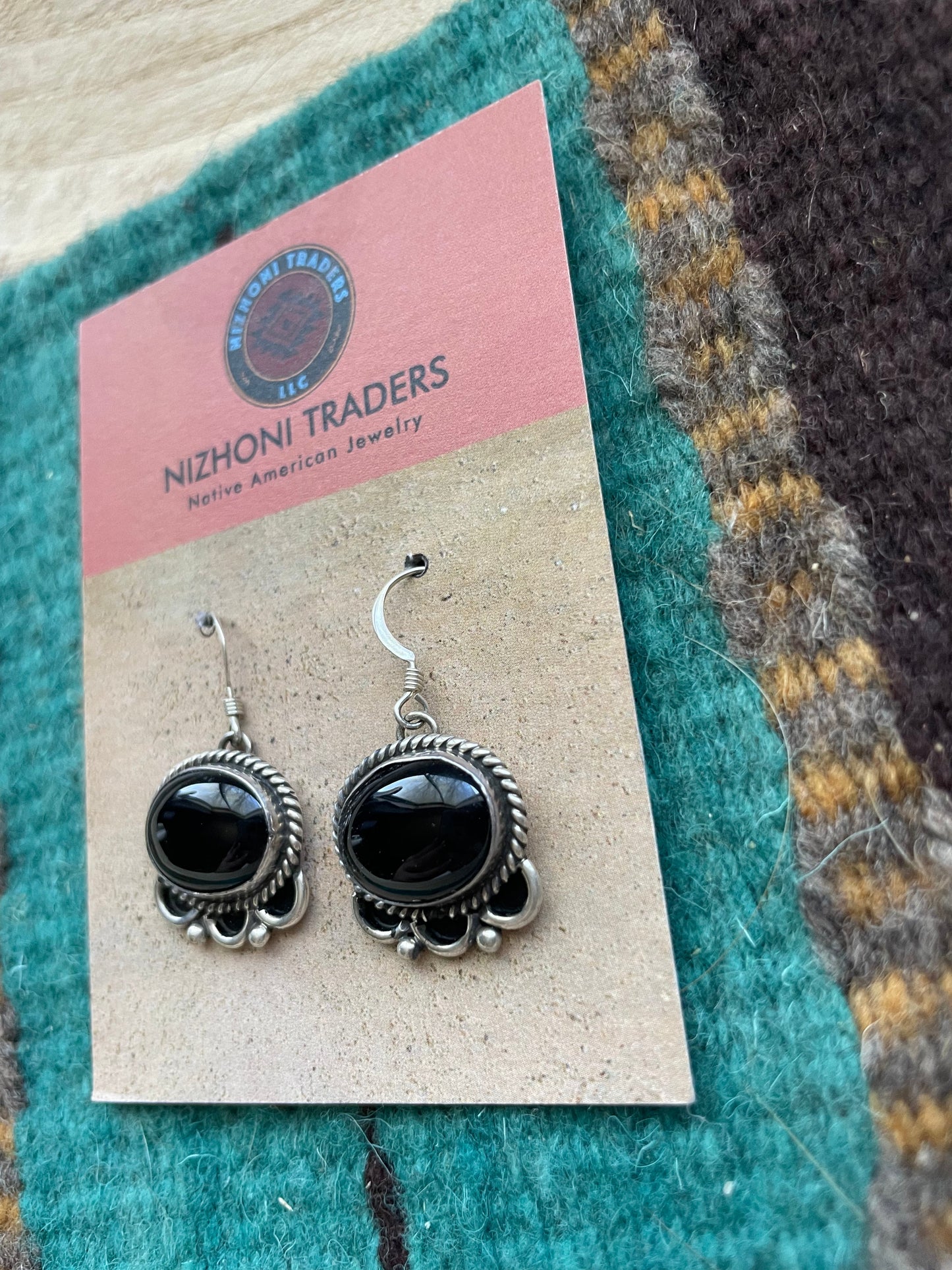 Beautiful Navajo Sterling Silver & Black Onyx Dangle Earrings Signed