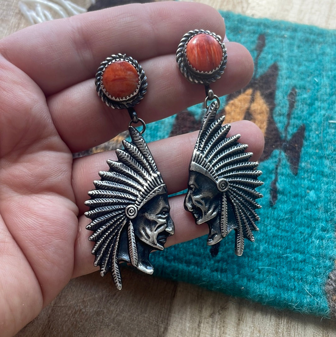 Beautiful Navajo Sterling Silver & Orange Spiny Dangle Chief Earrings Signed