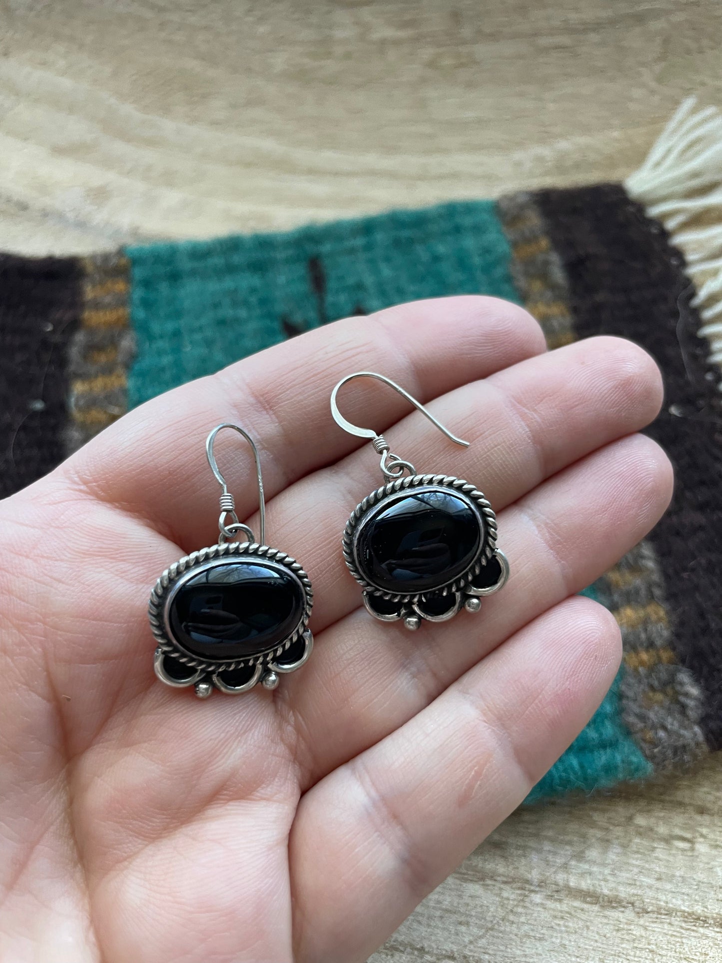 Beautiful Navajo Sterling Silver & Black Onyx Dangle Earrings Signed