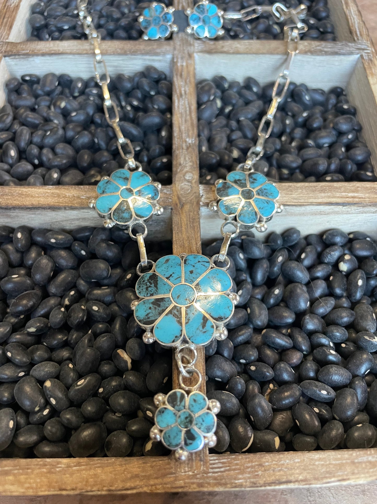 Zuni Sterling Silver & Turquoise Flower Necklace Earrings Set Signed