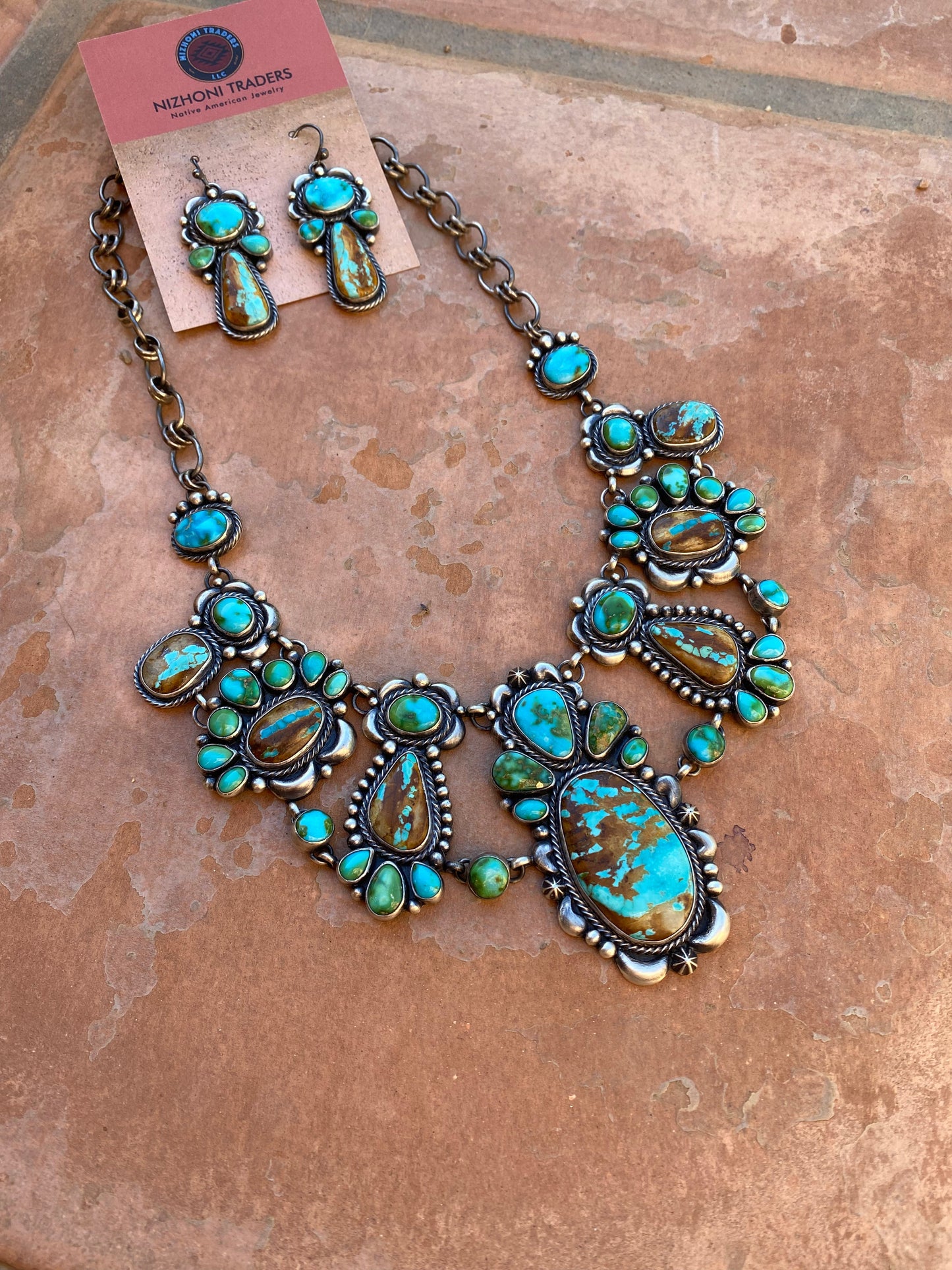 Diane Wyllie Ribbon and Sonoran Turquoise Necklace and Earring Set Signed By The Artist