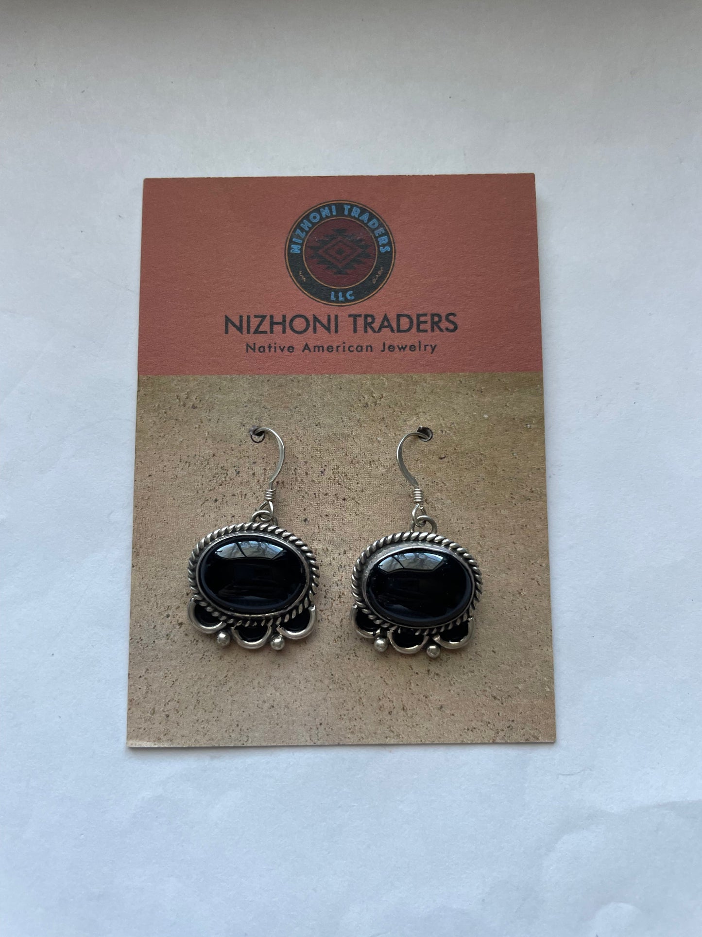 Beautiful Navajo Sterling Silver & Black Onyx Dangle Earrings Signed