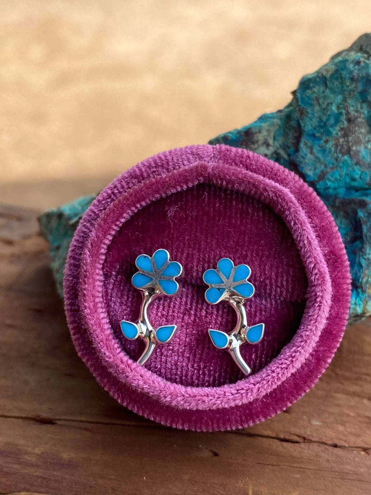 Zuni Sterling Silver & Turquoise Flower Stud Earrings