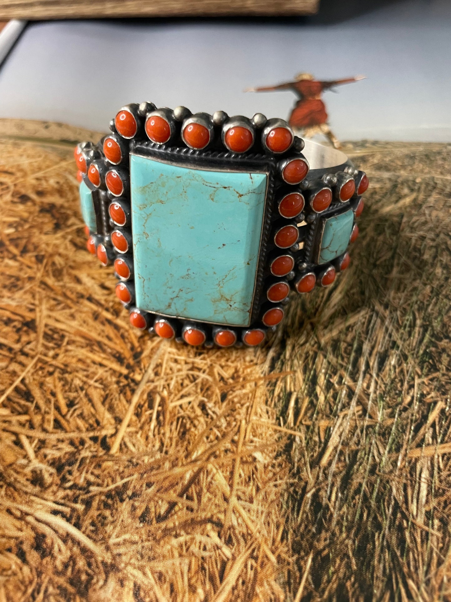 Anthony Skeets Navajo Turquoise, Coral & Sterling Silver Cuff Bracelet Signed