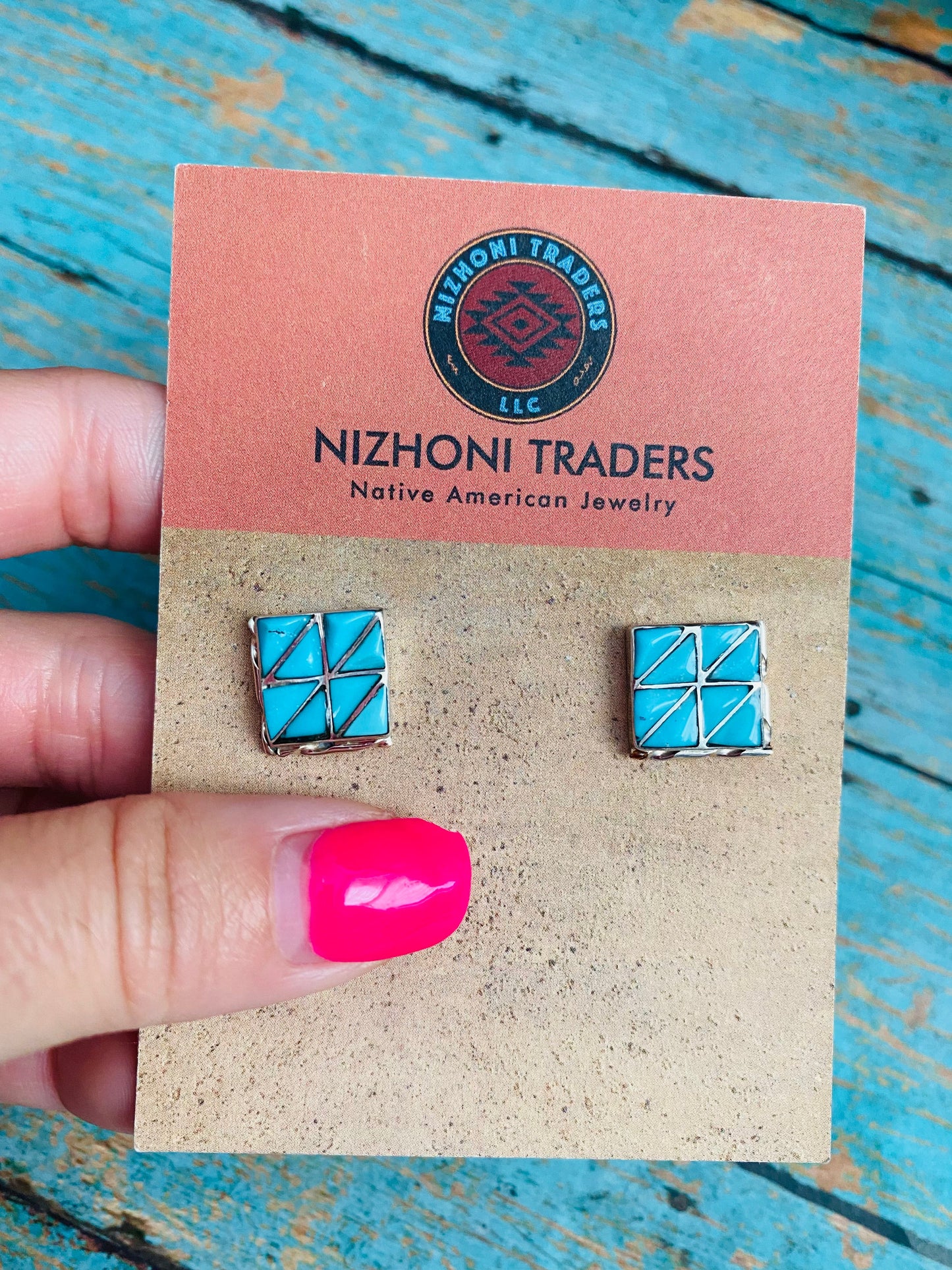 Zuni Sterling Silver & Turquoise Inlay Stud Earrings