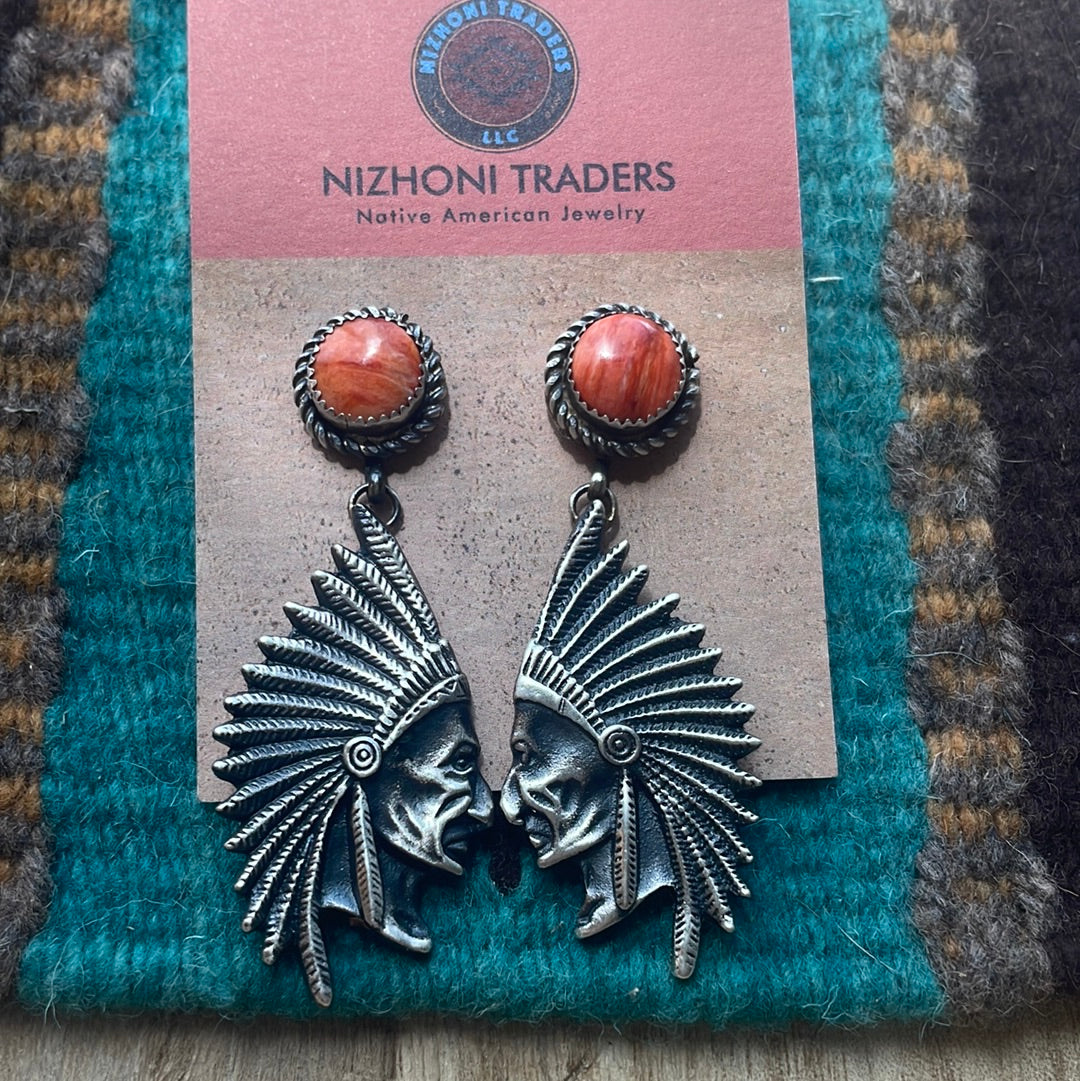 Beautiful Navajo Sterling Silver & Orange Spiny Dangle Chief Earrings Signed