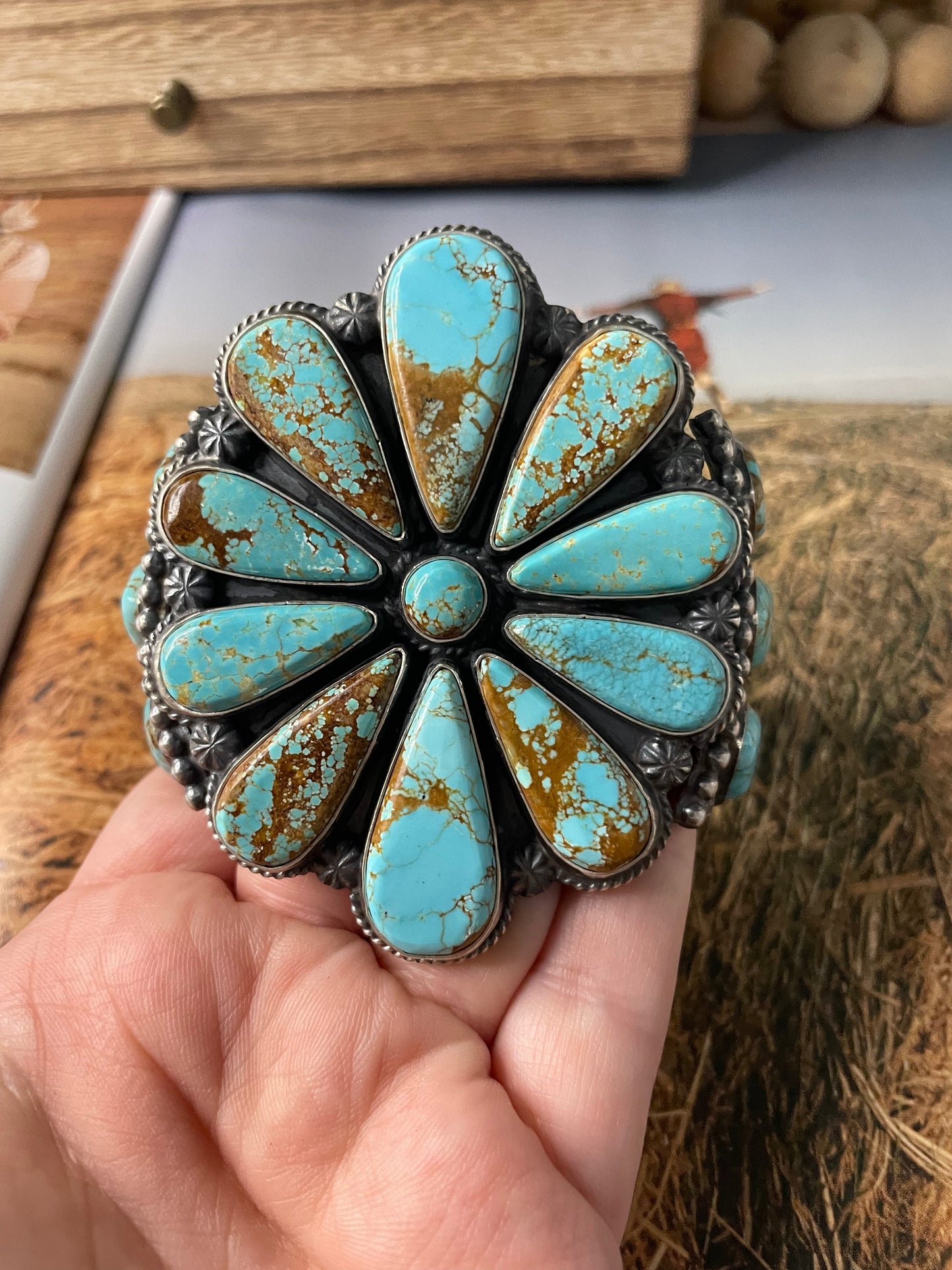 Anthony Skeets Navajo Flower Turquoise & Sterling Silver Cuff Bracelet Signed