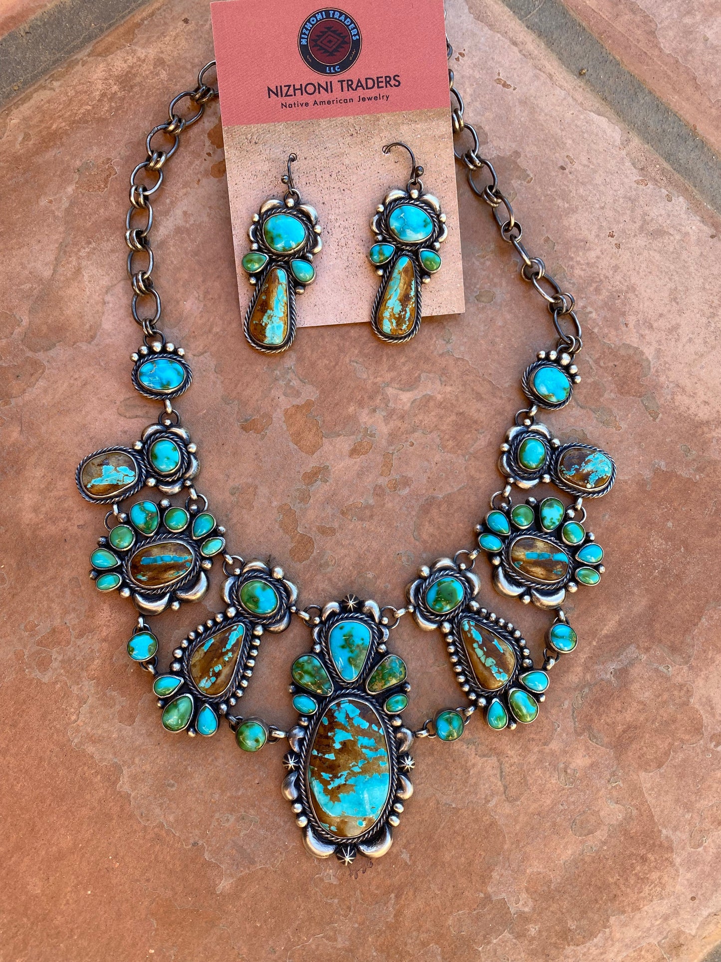 Diane Wyllie Ribbon and Sonoran Turquoise Necklace and Earring Set Signed By The Artist