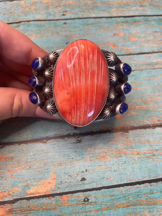 Chimney Butte Navajo Orange Spiny And Lapis Sterling Silver Cuff Bracelet Signed