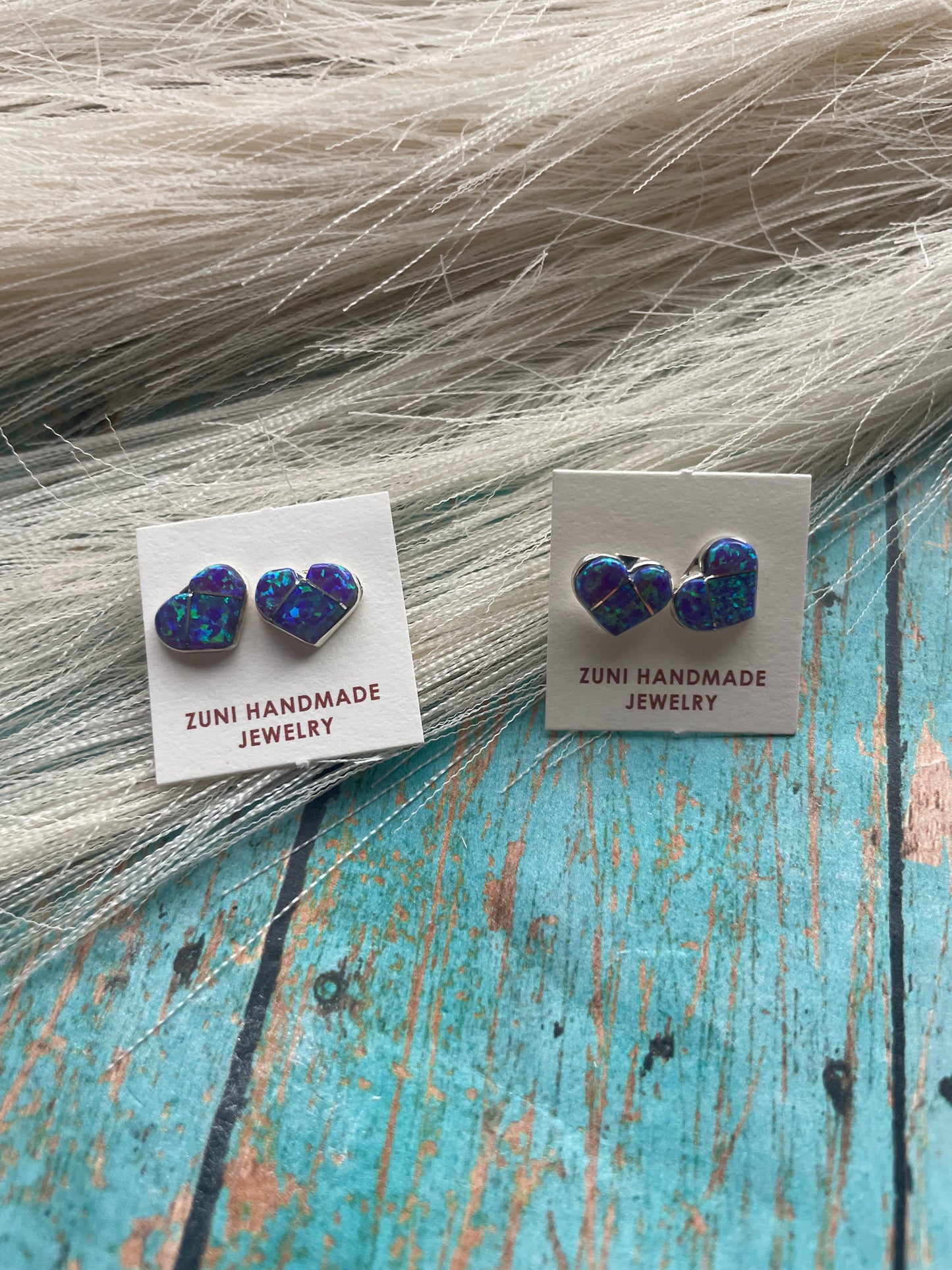 Zuni Sterling Silver & Purple Opal Inlay Heart Stud Earrings