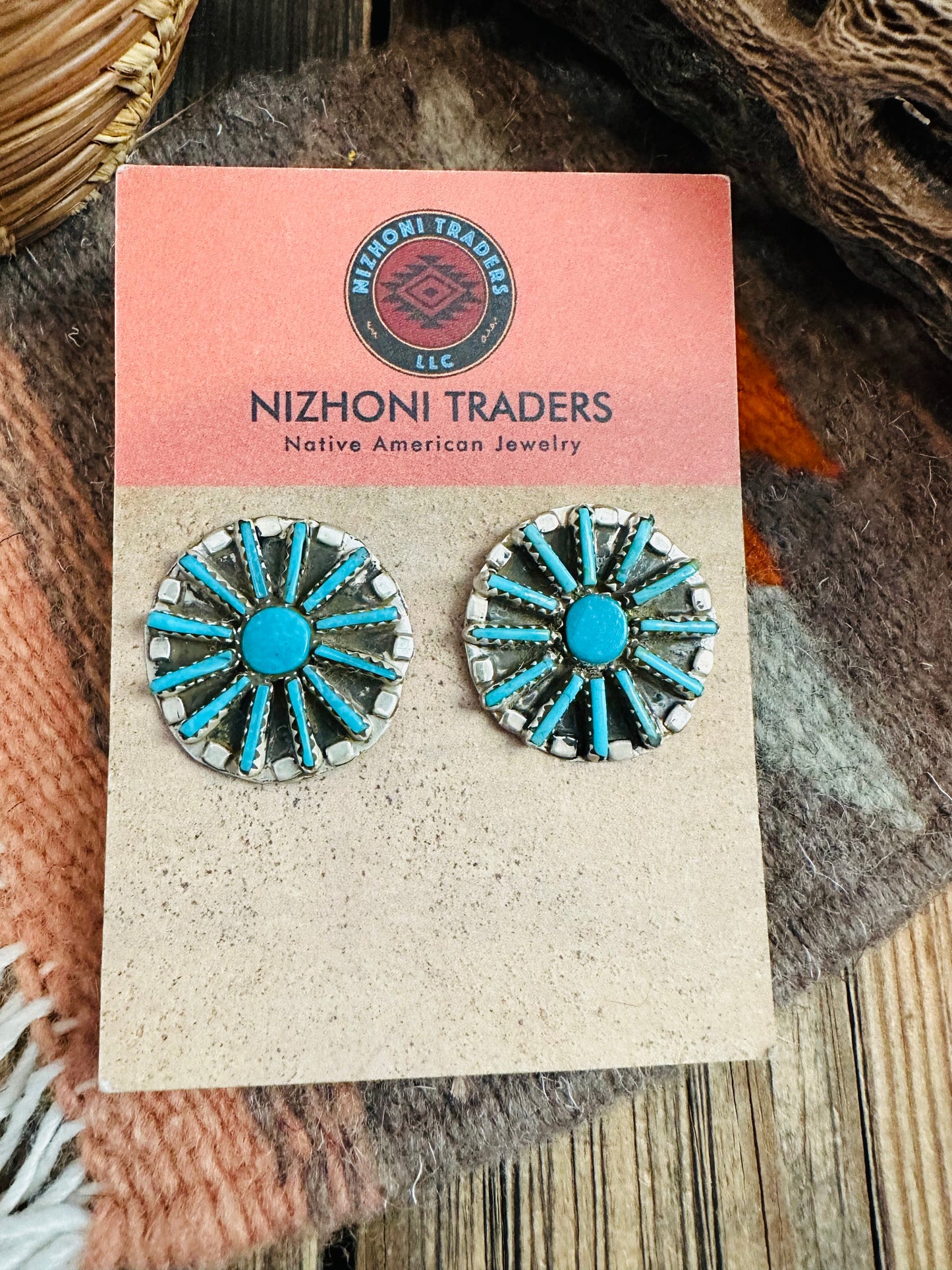 Zuni Sterling Silver & Turquoise Needlepoint Cluster Earrings