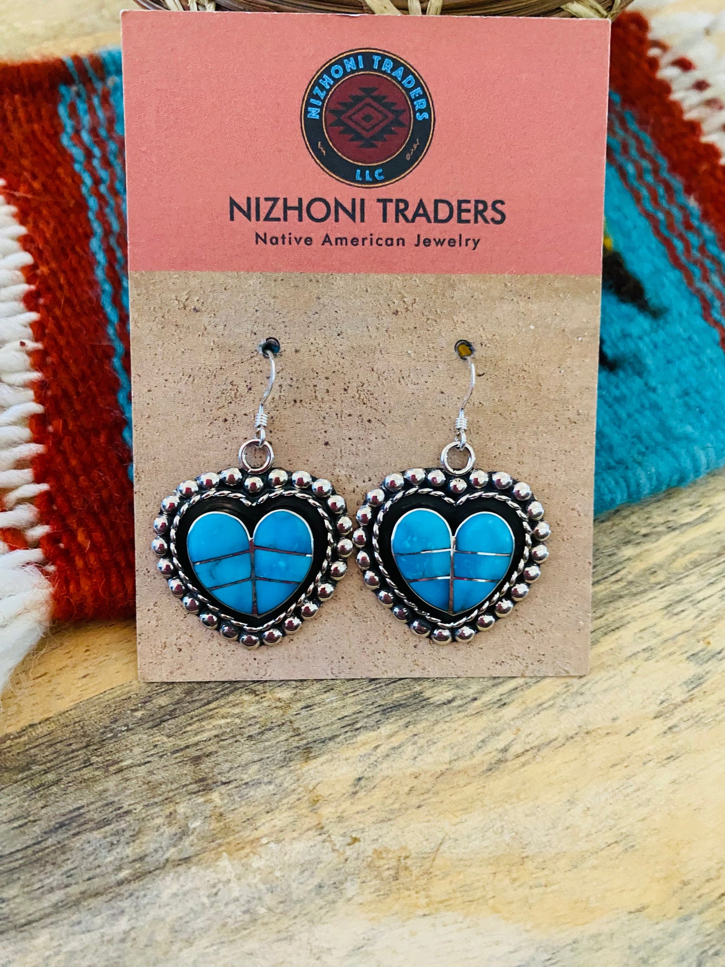 Zuni Sterling Silver & Turquoise Inlay Heart Dangle Earrings