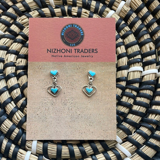 Zuni Sterling Silver & Turquoise Dangle Heart Earrings