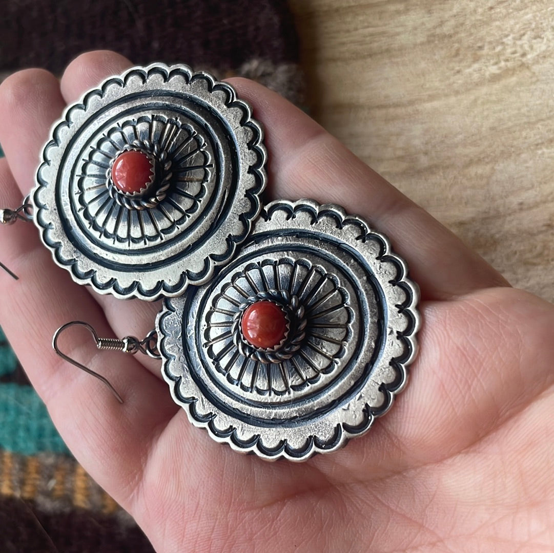 Beautiful Navajo Sterling Silver & Coral Dangle Earrings Signed