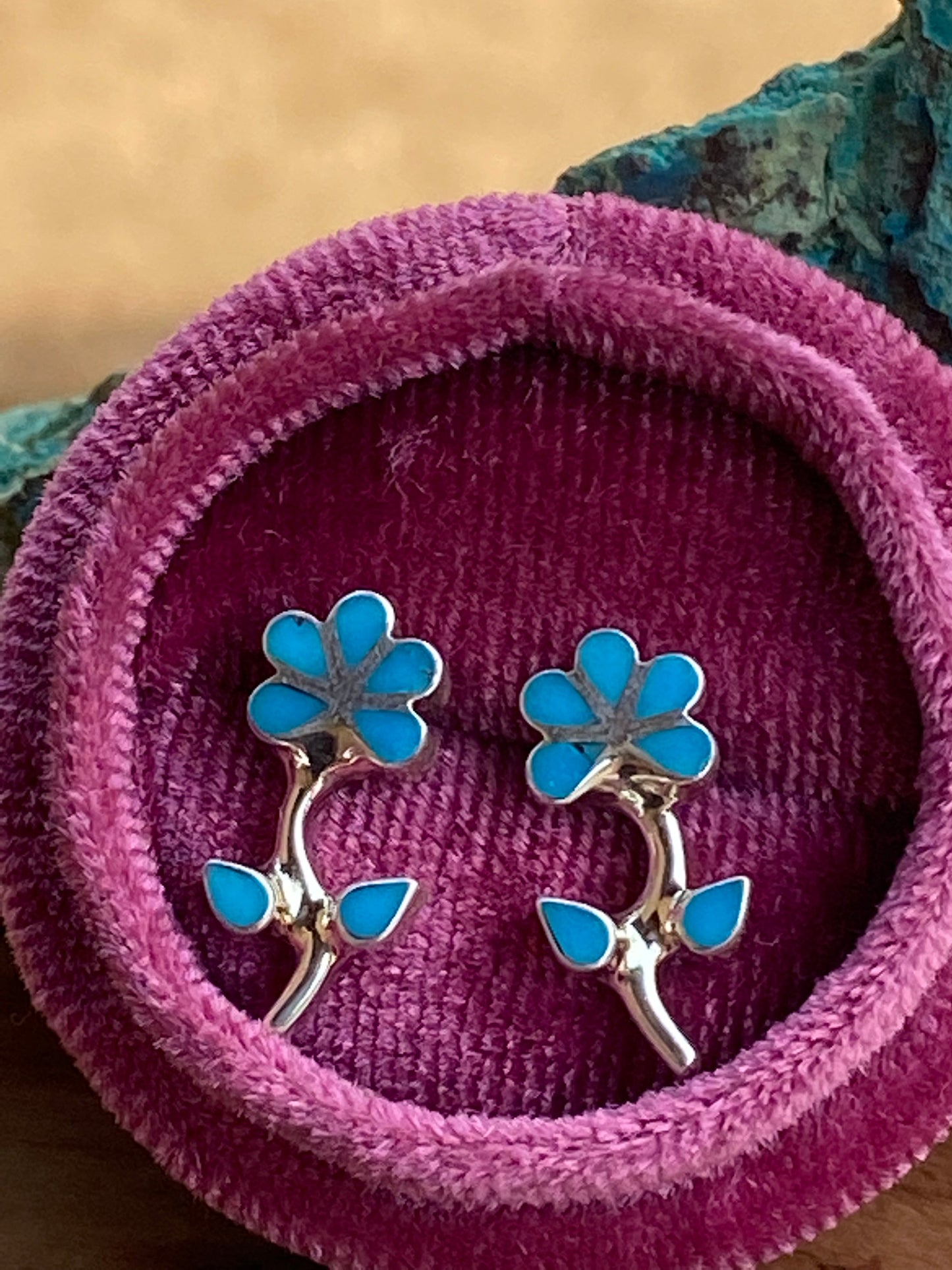 Zuni Sterling Silver & Turquoise Flower Stud Earrings