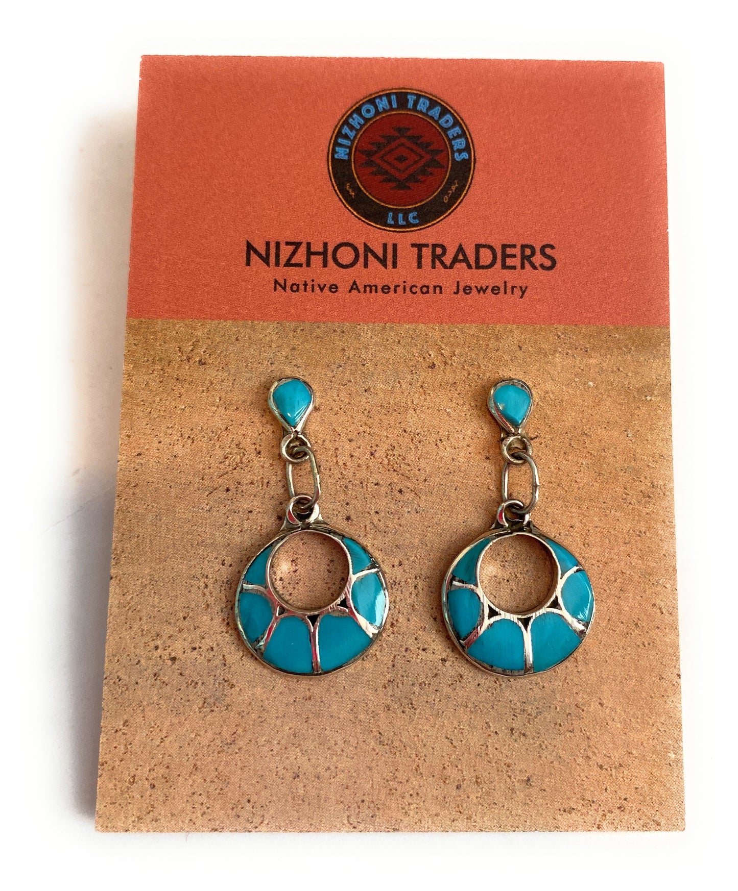 Zuni Sterling Silver & Turquoise Inlay Dangle Earrings