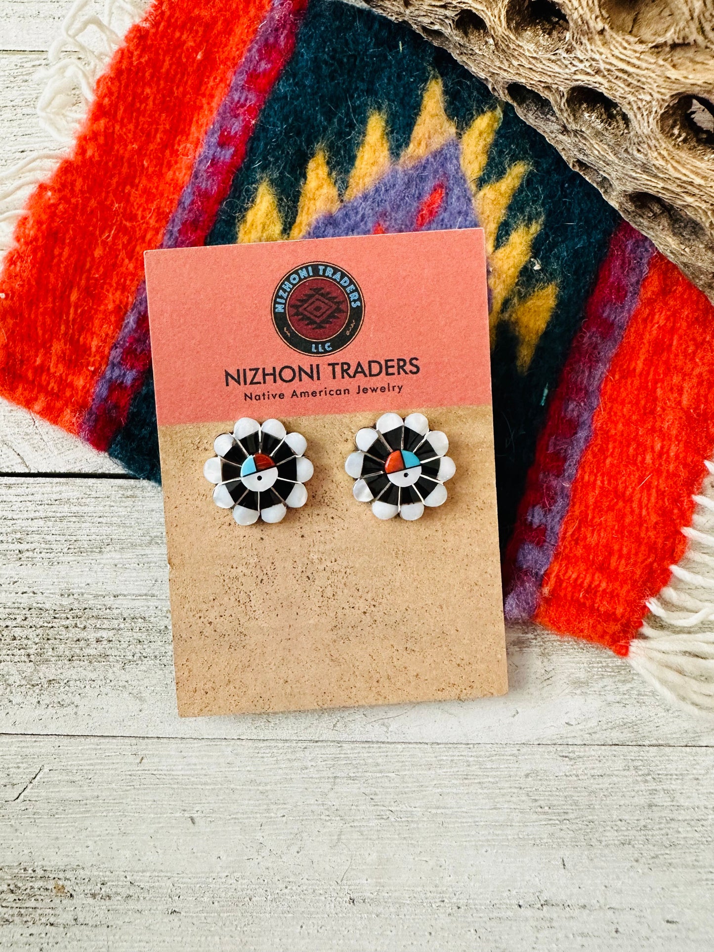 Zuni Sun Face Multi Stone & Sterling Silver Inlay Stud Earrings